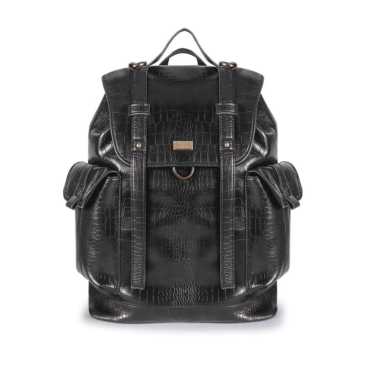 Elliot Animal III Black Vegan Leather BackPack Bag – Magnetic Flap Closure, 1 Main Compartment, Organizer Pockets, Stylish Work