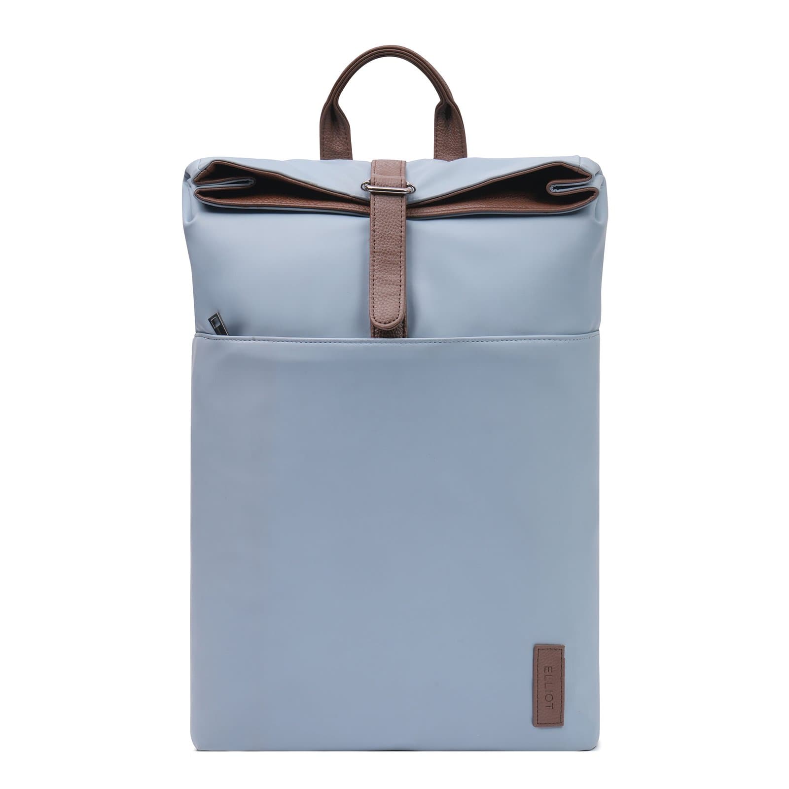 Elliot Oxford III Series Vegan Leather Roll-Top Backpack with Laptop Compartment, Outer & Inner Zip Pockets, Buckle Strap Closure – Lightweight, Unisex, Stylish Bag for Office, College, Travel – Pastel Blue with Brown Accents