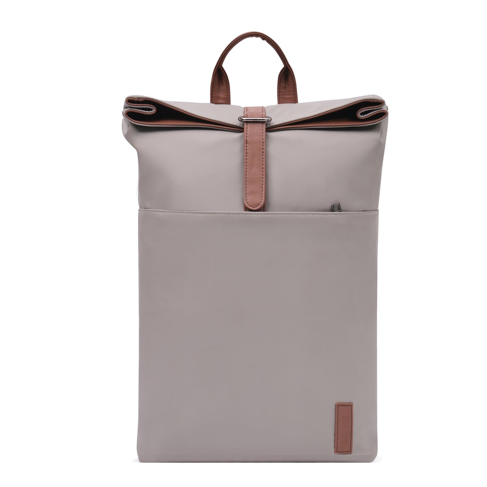 Elliot Oxford III Series Vegan Leather Roll-Top Backpack with Laptop Compartment, Outer & Inner Zip Pockets, Buckle Strap Closure – Lightweight, Unisex, Stylish Bag for Office, College, Travel – Cool Grey with Brown Accents