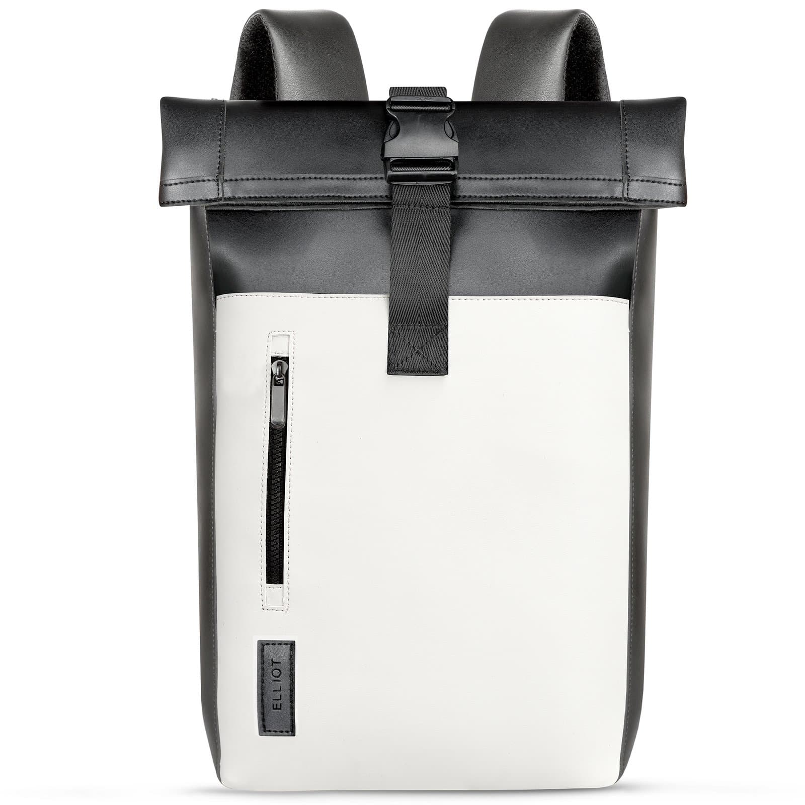 Elliot Zebra Series Backpack Bag with Secure Clip Closure Padded Laptop Sleeve Side Zip Pocket Lightweight Design for Office College Travel Use Vegan Leather Standard Size White & Black