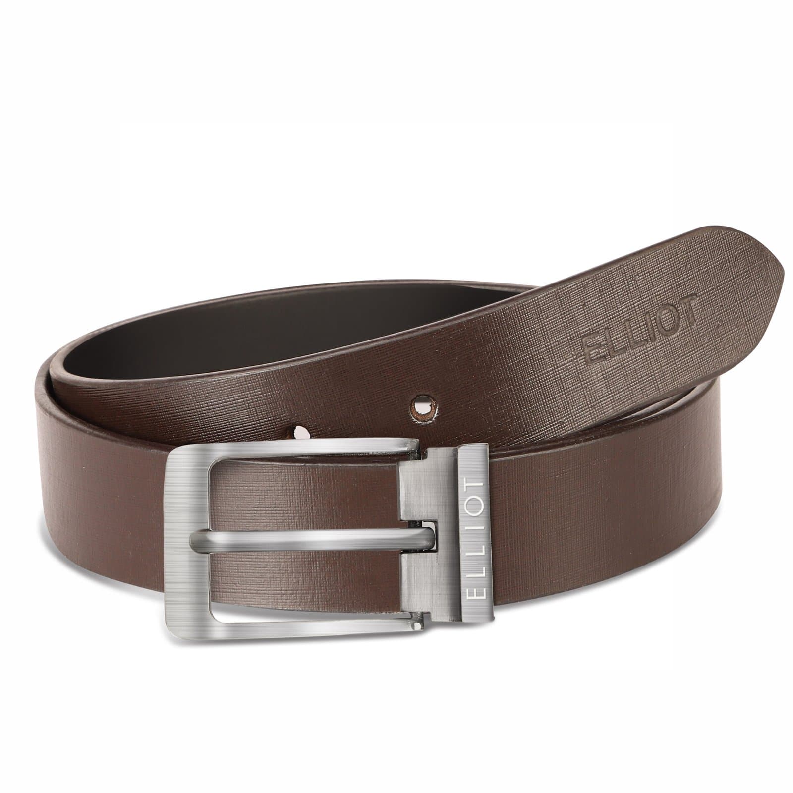 Elliot MH Brown Leather Belt for Men, Elegant Clamp Buckle (Silver), Slim 30mm Width, Genuine Leather, 42” Length, Formal Ready