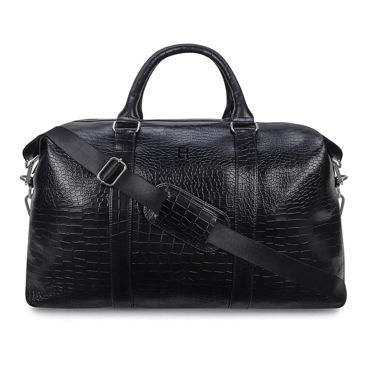 Elliot Animal III Black Vegan Leather Luggage Bag | Stylish Unisex Duffle with Functional Compartments | Detachable Strap & Zip Closure for Versatile Travel | 6-Month Warranty Included