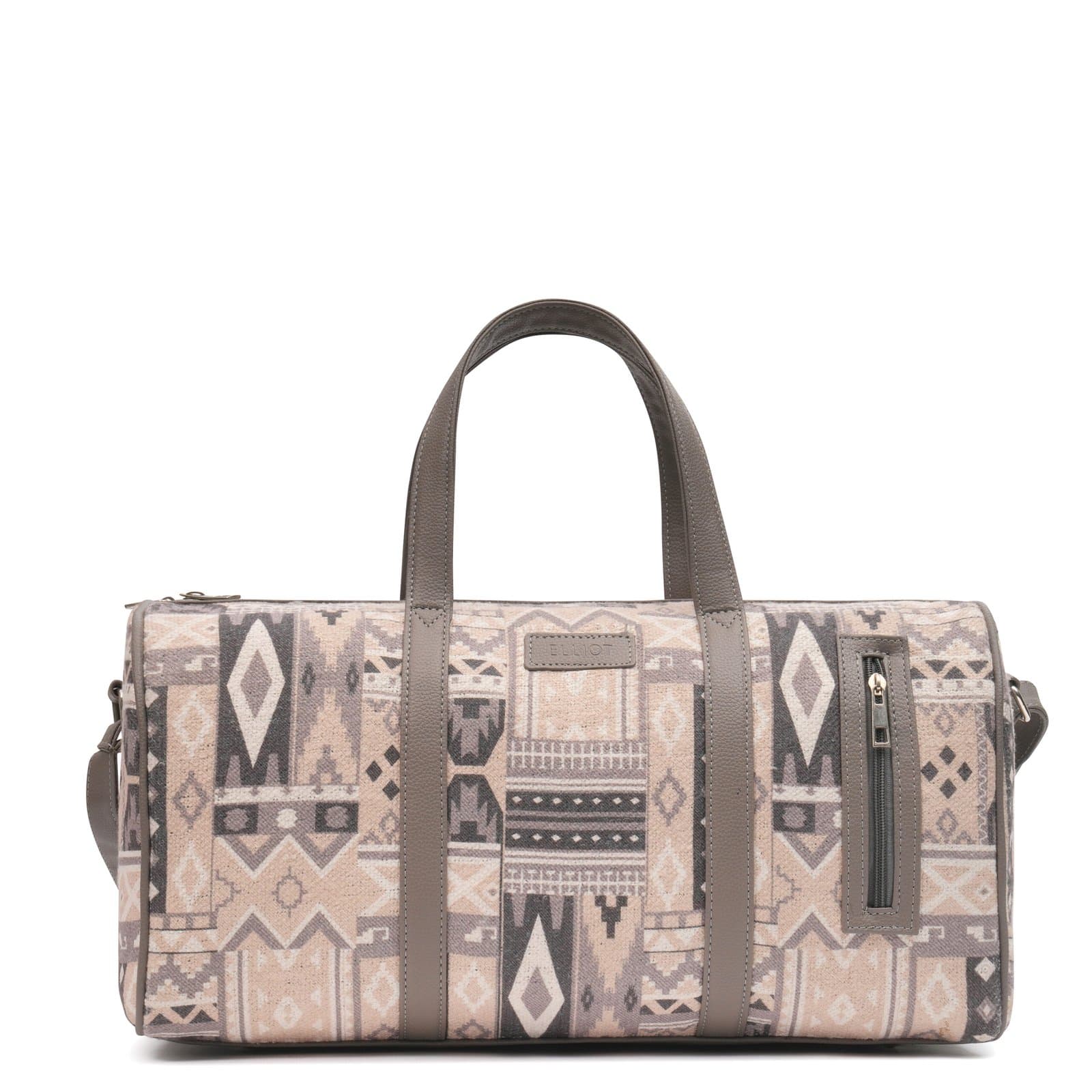 Elliot Art Series Travel Duffle Bag with Grey Tribal Print, Vegan Leather Strap, Adjustable Handles, Multipurpose Use, Fabric Body, 1 Main Compartment