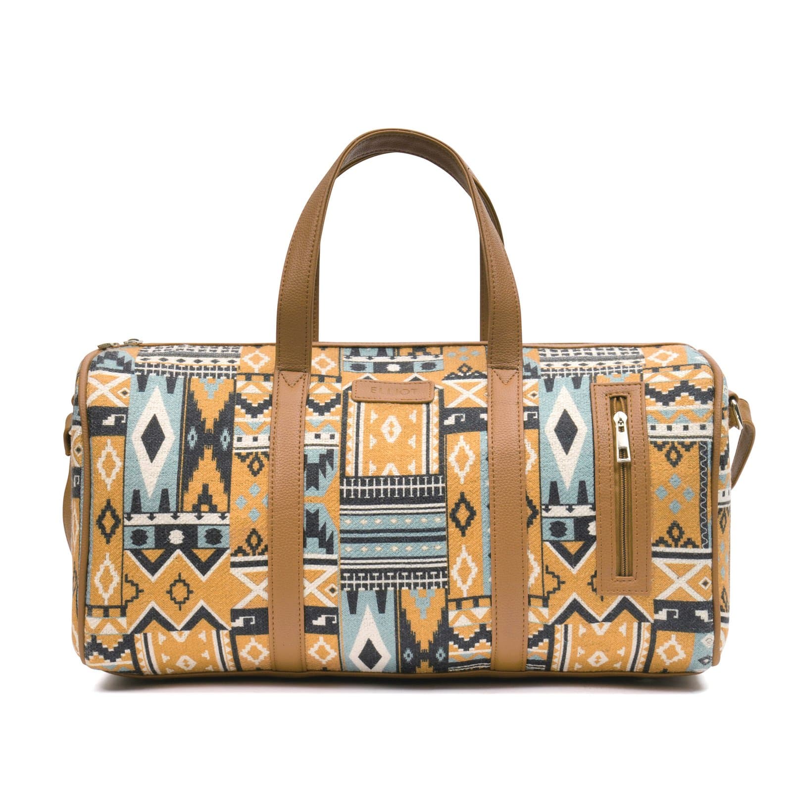 Elliot Art Series Travel Duffle Bag with Rust Orange Tribal Print, Tan Vegan Leather Strap, Adjustable Handles, Multipurpose Use, Fabric Body, 1 Main Compartment