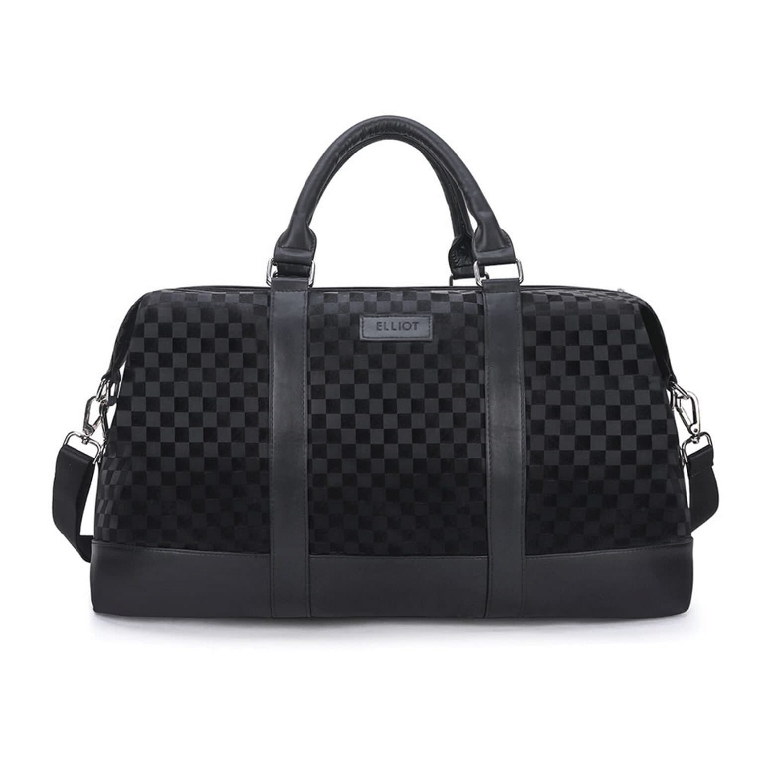 Elliot Check Series Travel Bag in Black | Vegan Leather Duffel with Inner Zip & Accessory Pockets | Sleek Unisex Design | Removable Strap | 6-Month Manufacturing Warranty