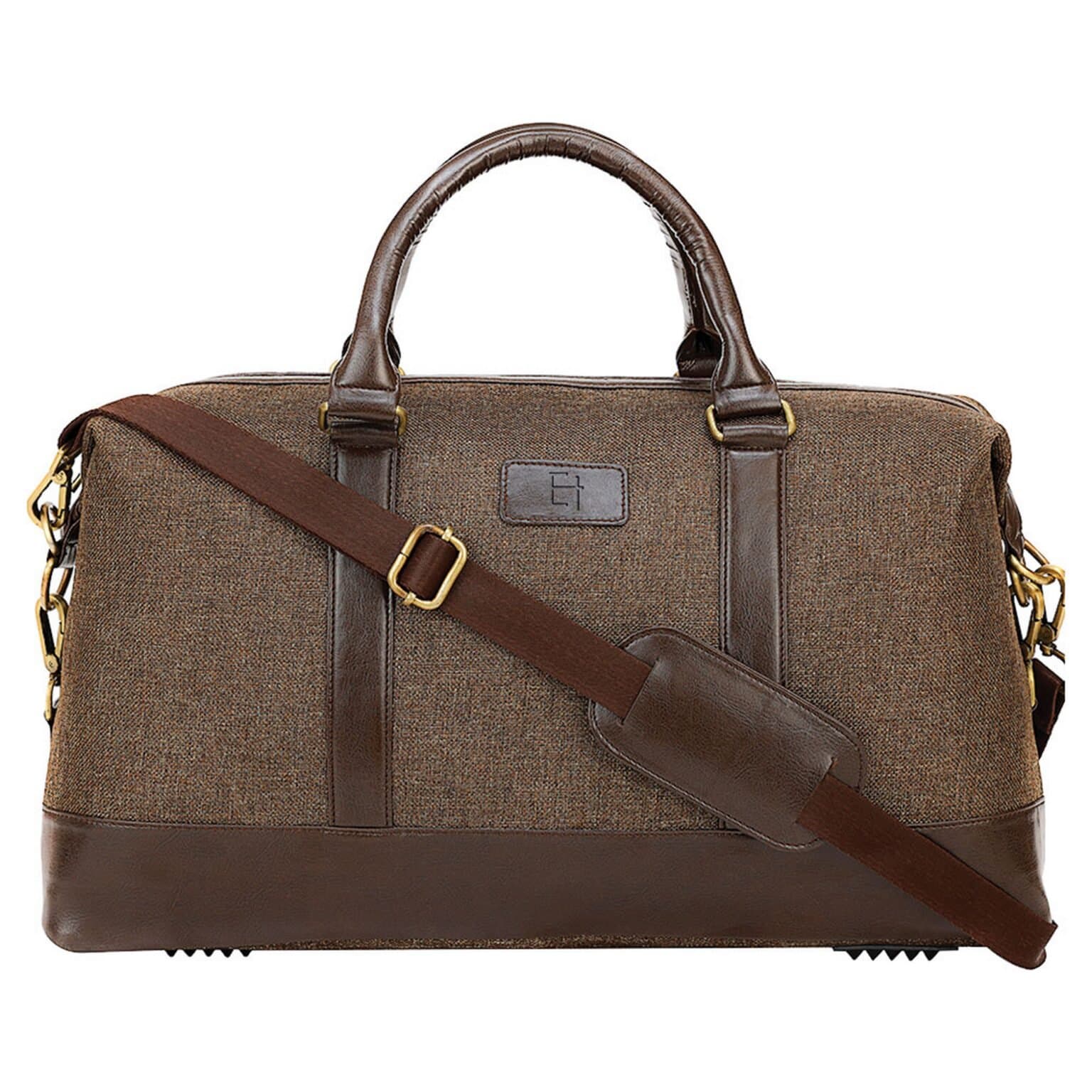 Elliot fusion Series Brown Duffel Bag | Premium Jute Fabric & Vegan Leather | Travel & Weekend Use | Durable with Zip & Adjustable Strap | Warranty Included