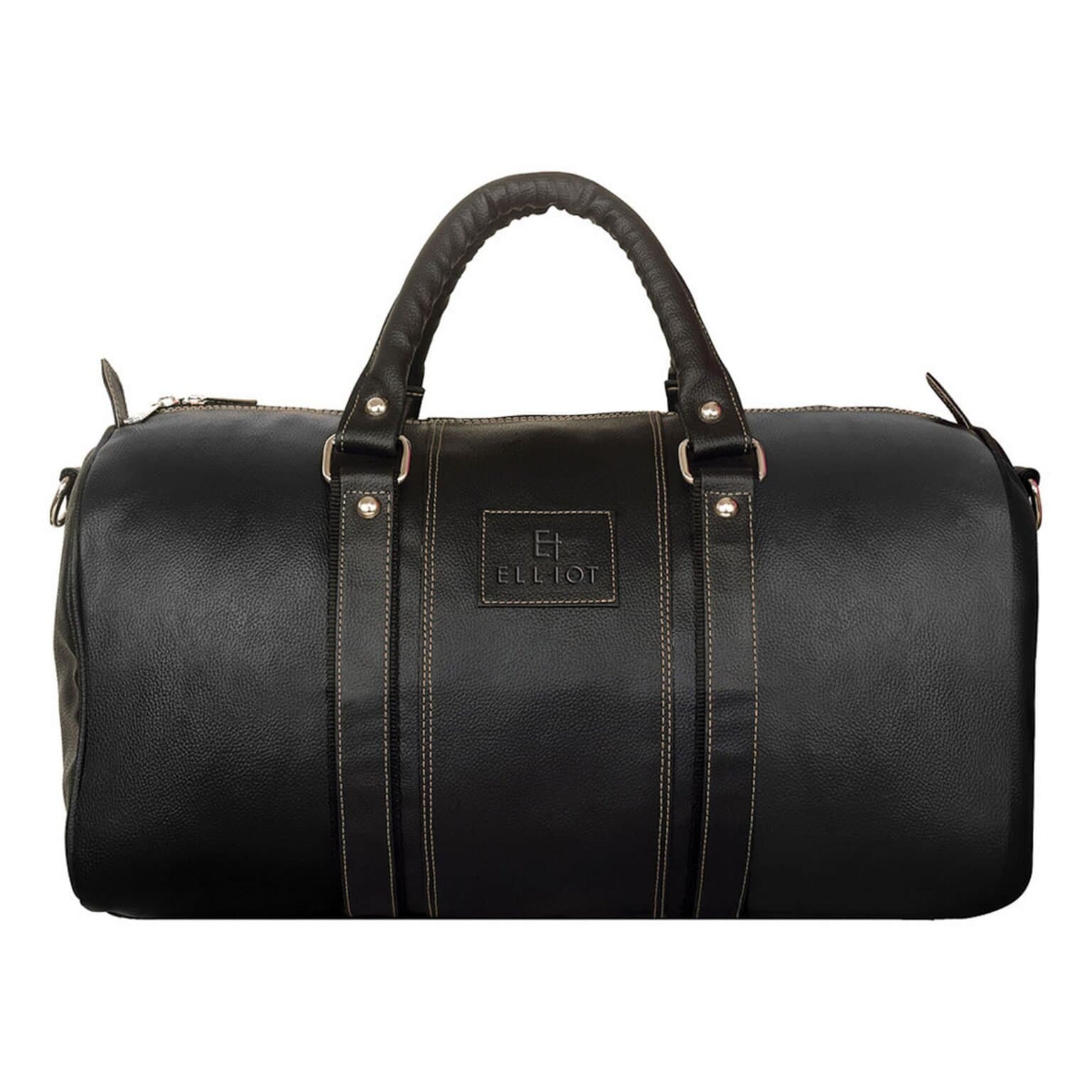 Elliot Maroon Series Black Vegan Leather Duffle Bag | Unisex Travel Luggage with Inner Zip Pocket & Mobile Pouch | Spacious & Stylish | 6‑Months Warranty