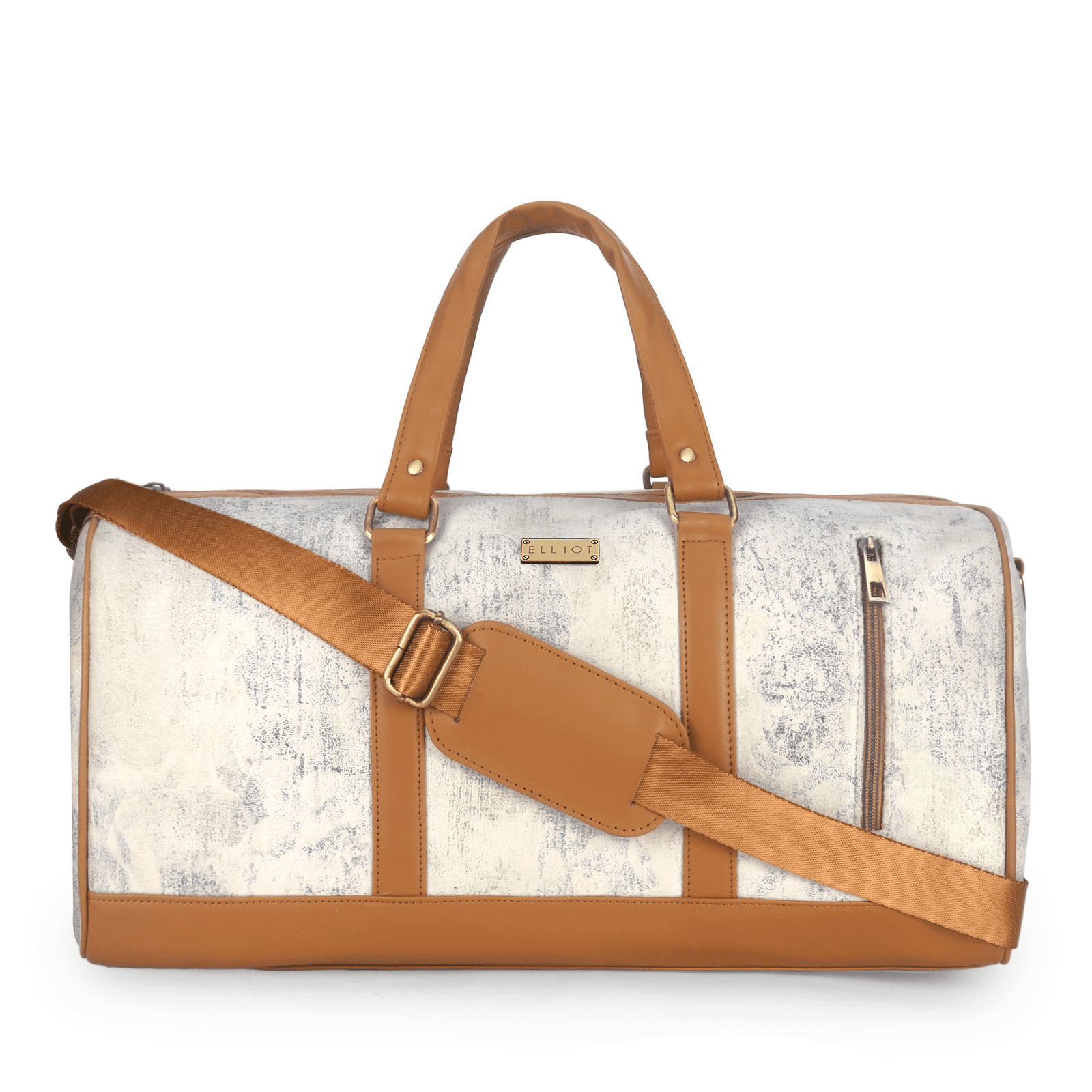 Elliot Spin II Series White-Tan Travel Duffel – 1 Outer Zip Pocket, 2 Inner Open Pockets, 1 Inner Zip Pocket, 2 Handles, Adjustable Strap, Ideal for Office, Trips