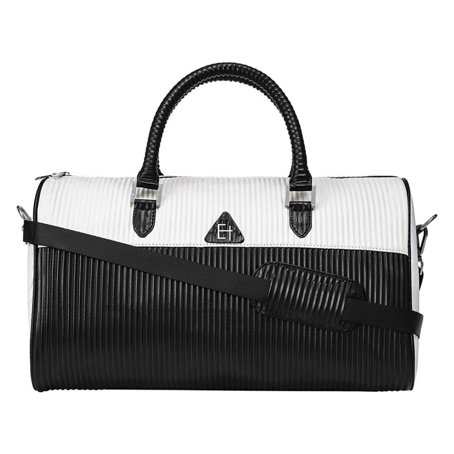 Elliot Stripes Series Vegan Leather Unisex Duffle | Elegant White & Black Bag | 1 Main Compartment + Inner Organizers | Detachable Shoulder Strap