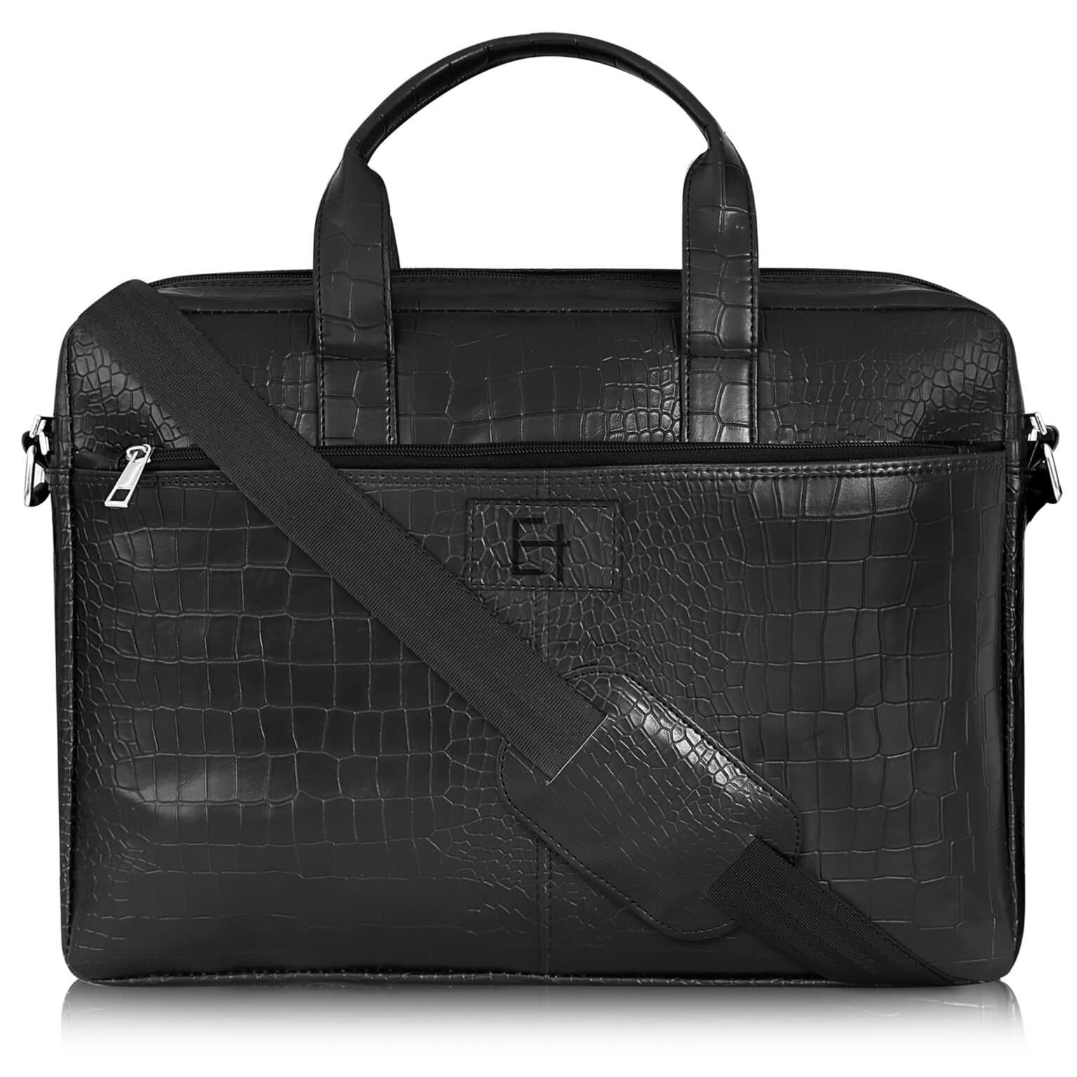 Elliot Croco Series 15.6 Inch Laptop Messenger Bag | Premium Black Synthetic Vegan Leather | Unisex Work Bag | With Laptop Compartment & Organizer