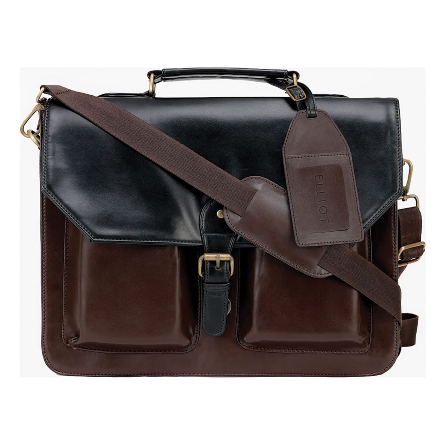 Elliot Maestro Series 15.6 Inch Laptop Bag | Handmade Black and Brown Leather | Dual Main Compartments | Professional Unisex Office Bag