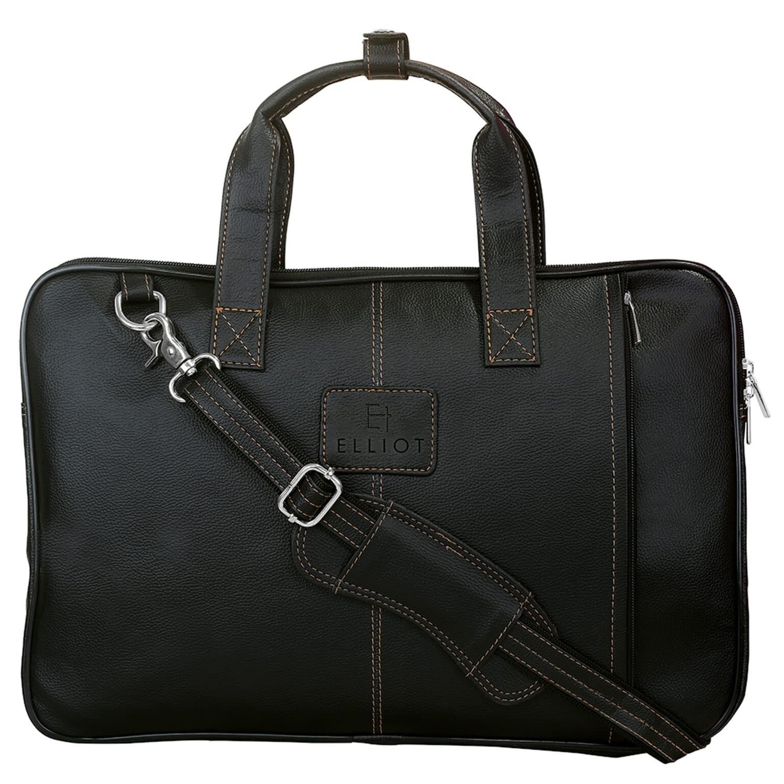 Elliot Sleek Series Laptop Messenger Bag | Black Slim Synthetic Vegan Leather | Fits 15 Inch Laptop | Unisex Office & Travel Bag | With Detachable Strap