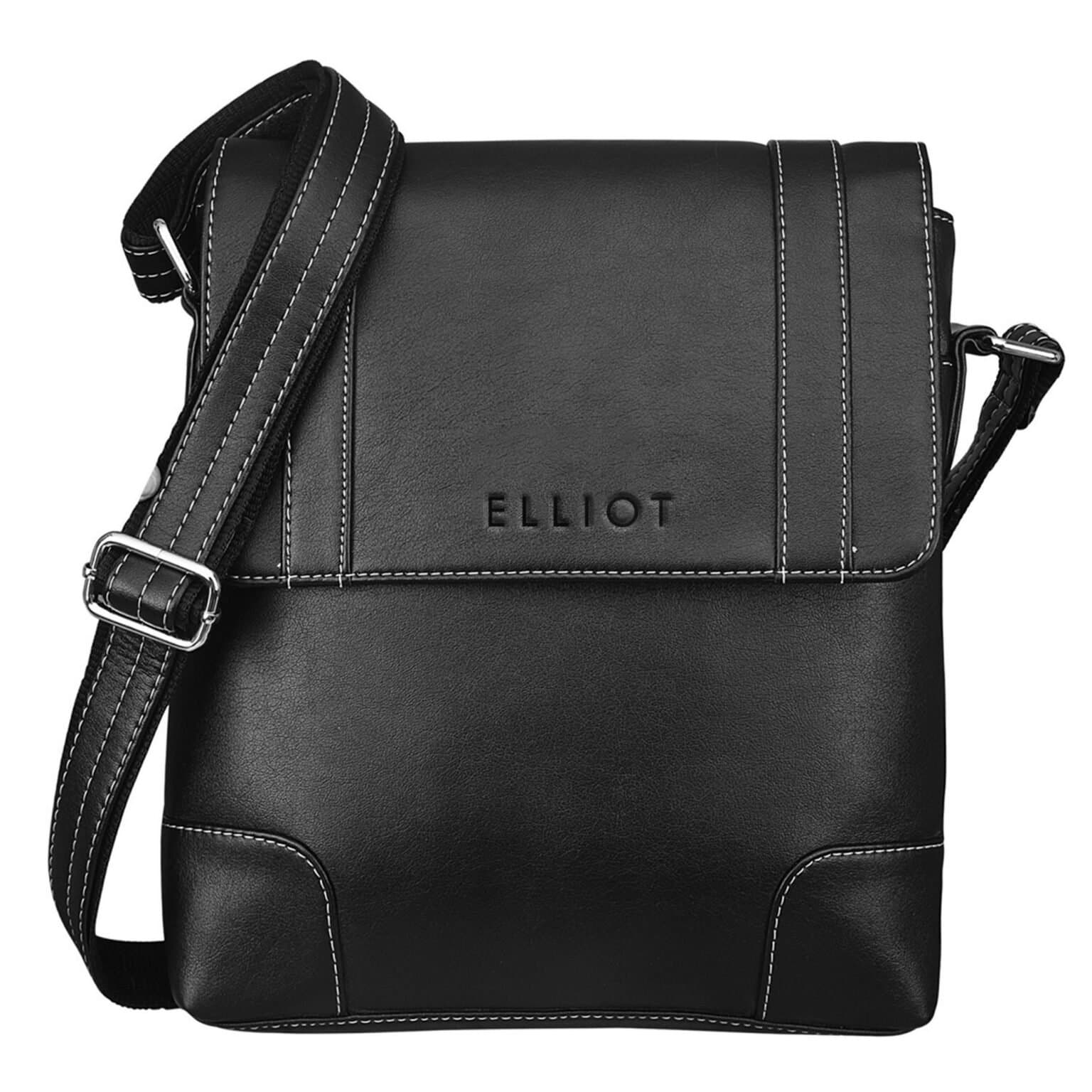 Elliot Messenger Bag – Andrew Series Vegan Leather Black Crossbody with Tablet Sleeve, Adjustable Strap & Flap Zip Closure