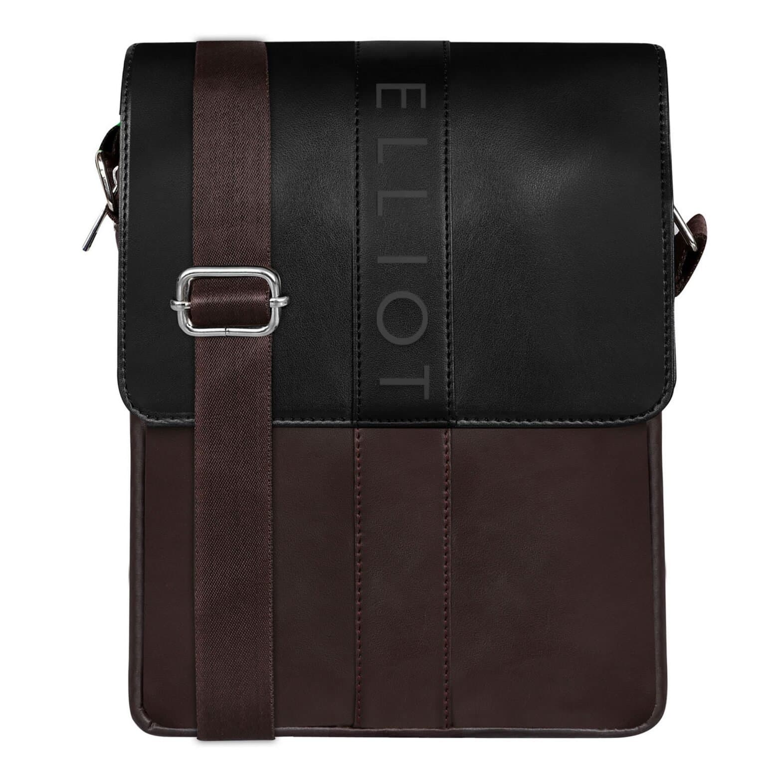 Elliot Berlin II Series Brown Sling Bag – Synthetic Leather with Black Flap, Tablet Slot, Outer Pocket, Zip Closure, Unisex Crossbody with Warranty