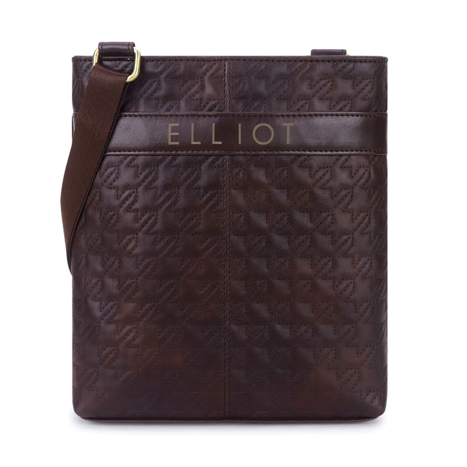 Elliot Sling Bag – Classic III Series Brown Faux Leather with Embossed Houndstooth, Matte Accent Strip, Zip Pockets, Non-Detachable Strap
