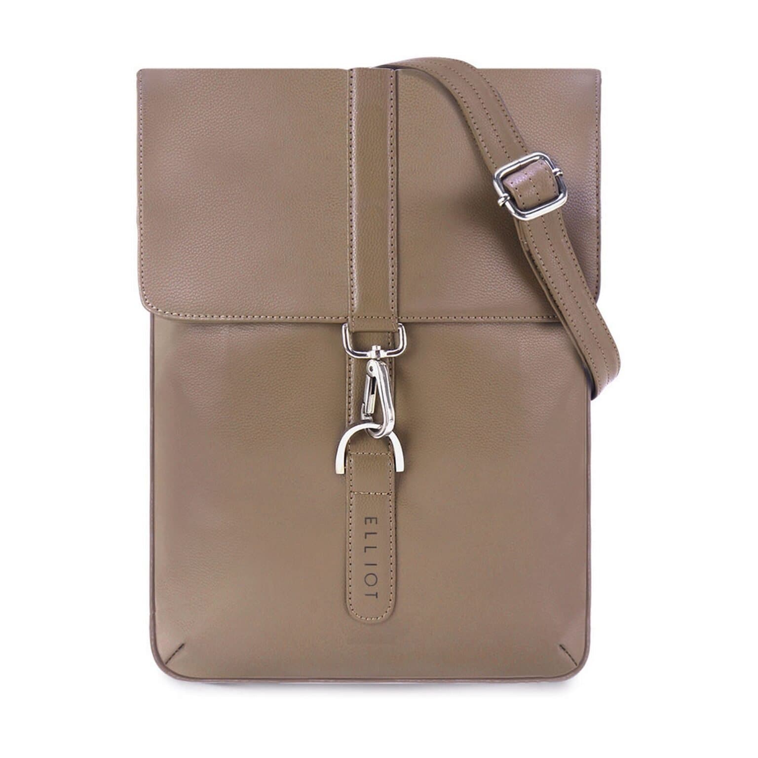 Elliot Duke Grey Sling Bag – Vegan Leather with Vertical Beige Strap, Hook Clasp Flap, Front & Back Velcro Pockets, 6 Months Warranty