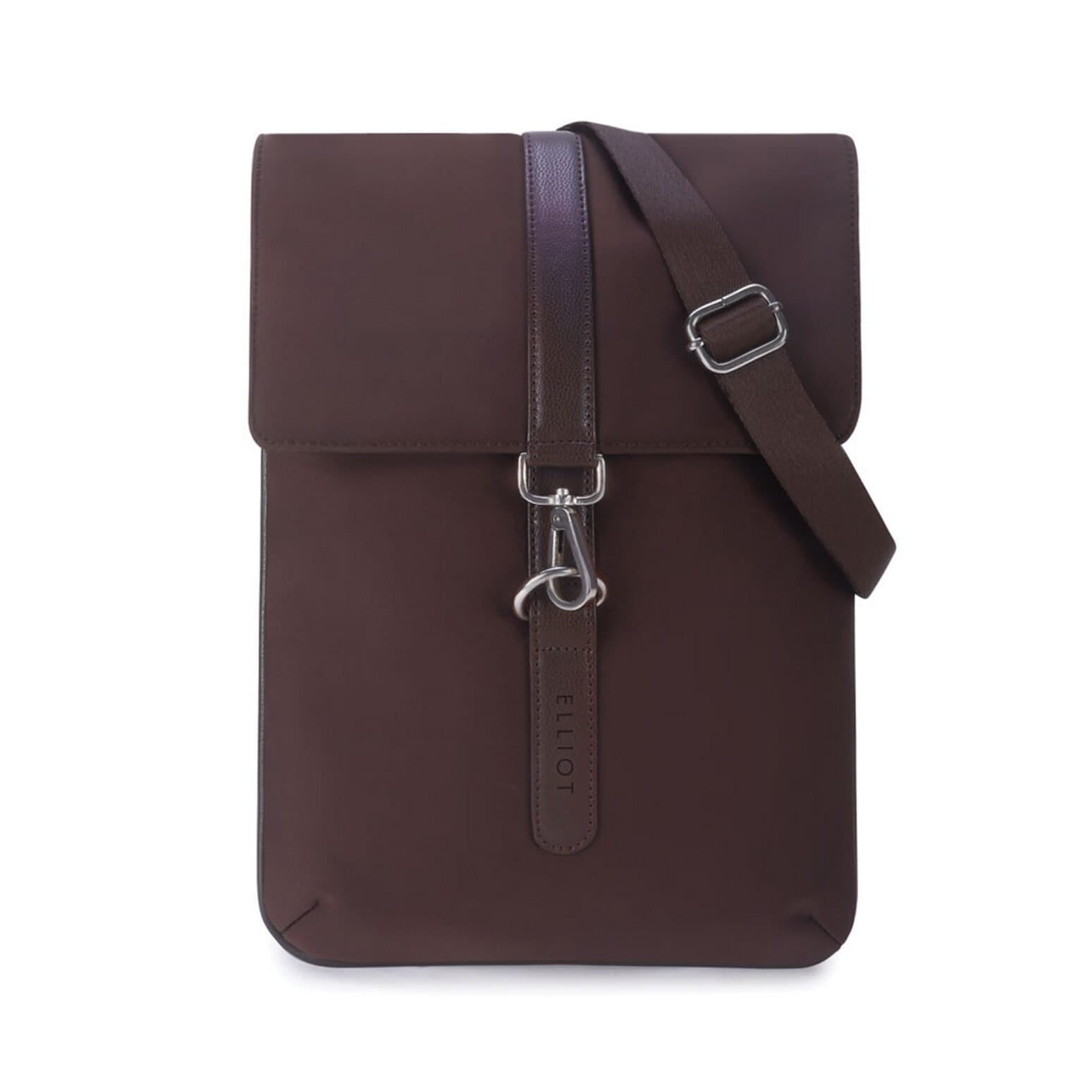 Elliot Maestro III Brown Sling Bag – Matte Fabric with Vertical Brown Strap, Hook Clasp Flap, Front & Back Velcro Pockets, 6 Months Warranty
