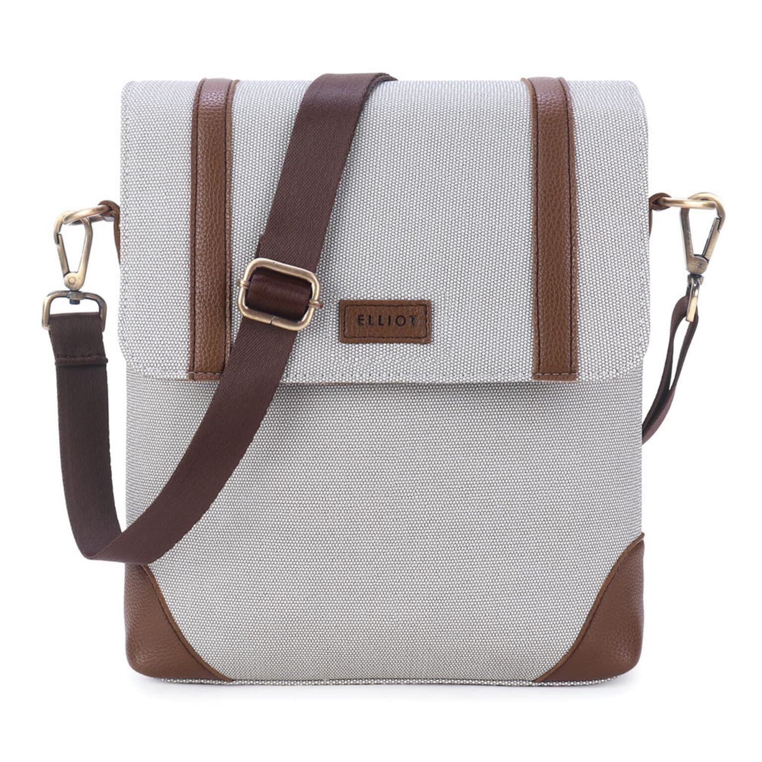 Elliot Grey Messenger Bag – Oxford Series with Contrasting Vegan Leather Trim, Adjustable Strap, Multiple Pockets & Tablet Compartment