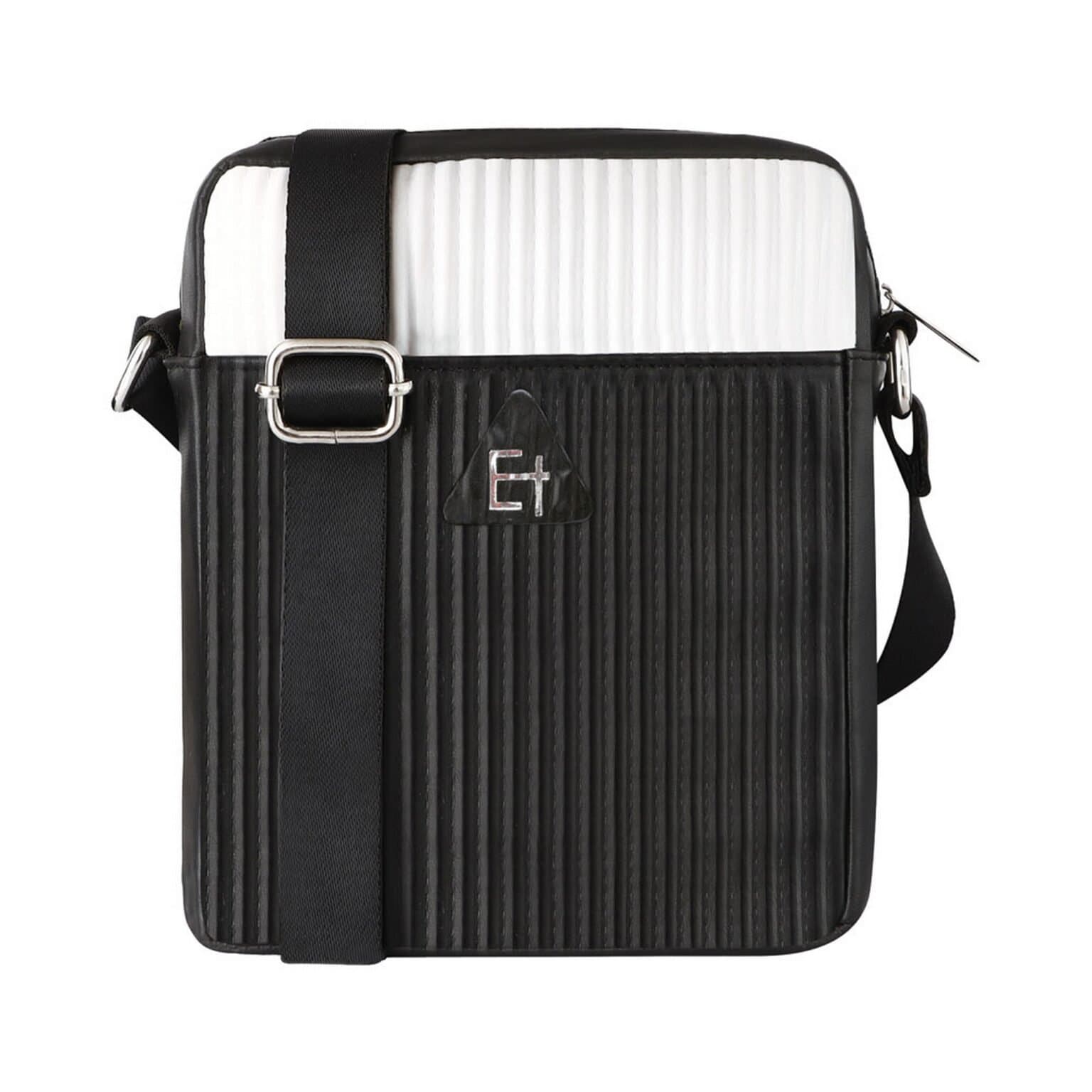 Elliot White & Black Sling Bag – Stripes Series Vegan Leather with Vertical Ribbed Texture, Outer Velcro Pockets & Adjustable Shoulder Strap
