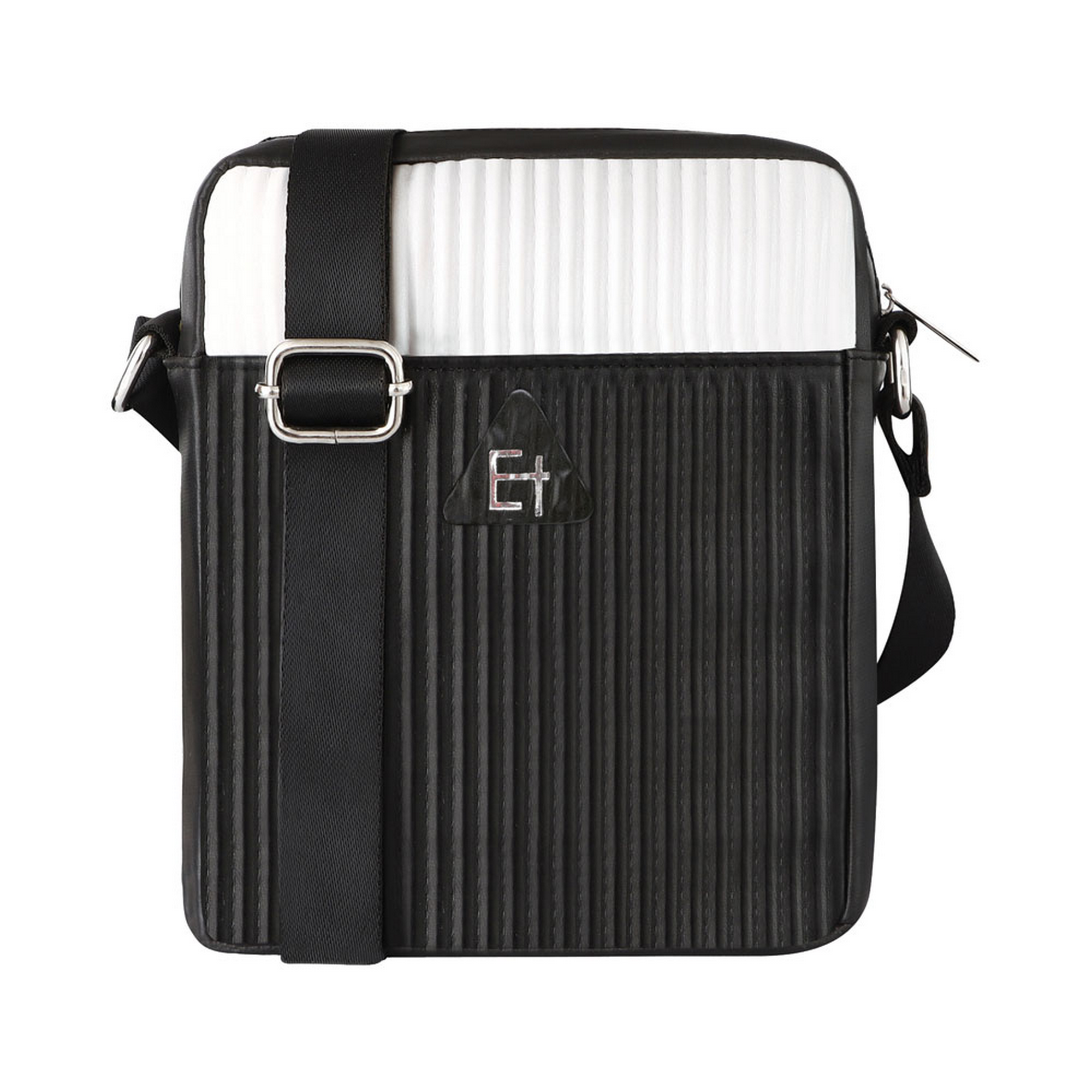 Elliot White & Black Sling Bag – Stripes Series Vegan Leather with Vertical Ribbed Texture, Outer Velcro Pockets & Adjustable Shoulder Strap