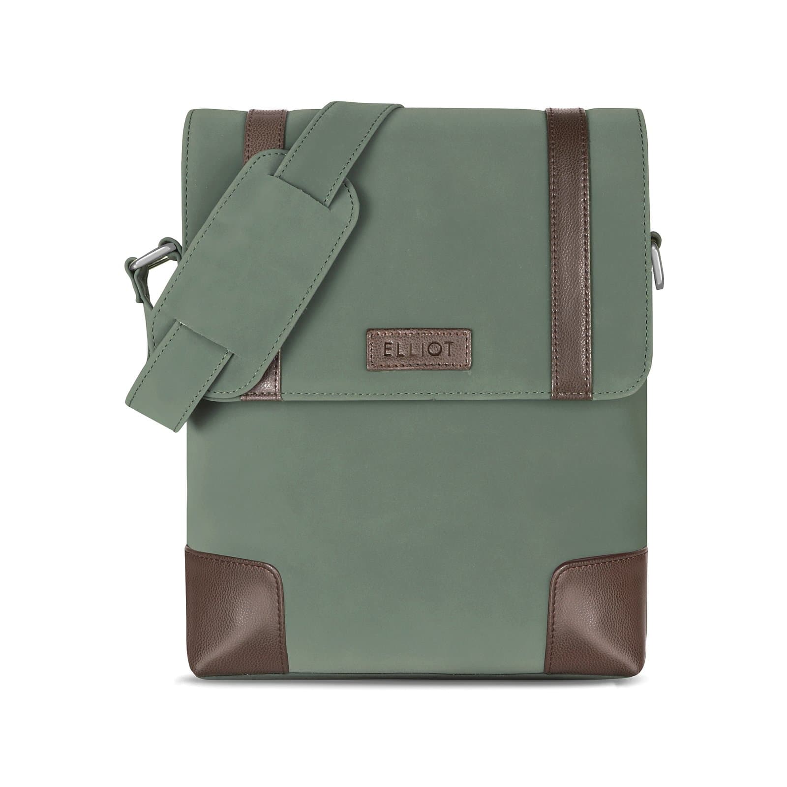 Elliot Green Sling Bag – Texas Series Vegan Leather with Contrast Brown Trims, Zip Pockets, Fixed Shoulder Strap & Modern Matte Texture