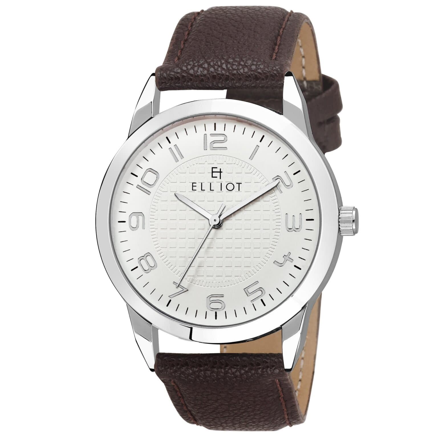 Elliot Men’s Formal Watch Aspire III Series | Silver Dial + Silver Case + Brown Vegan Leather Strap | Unisex Design | Office, Events, Gifting Use