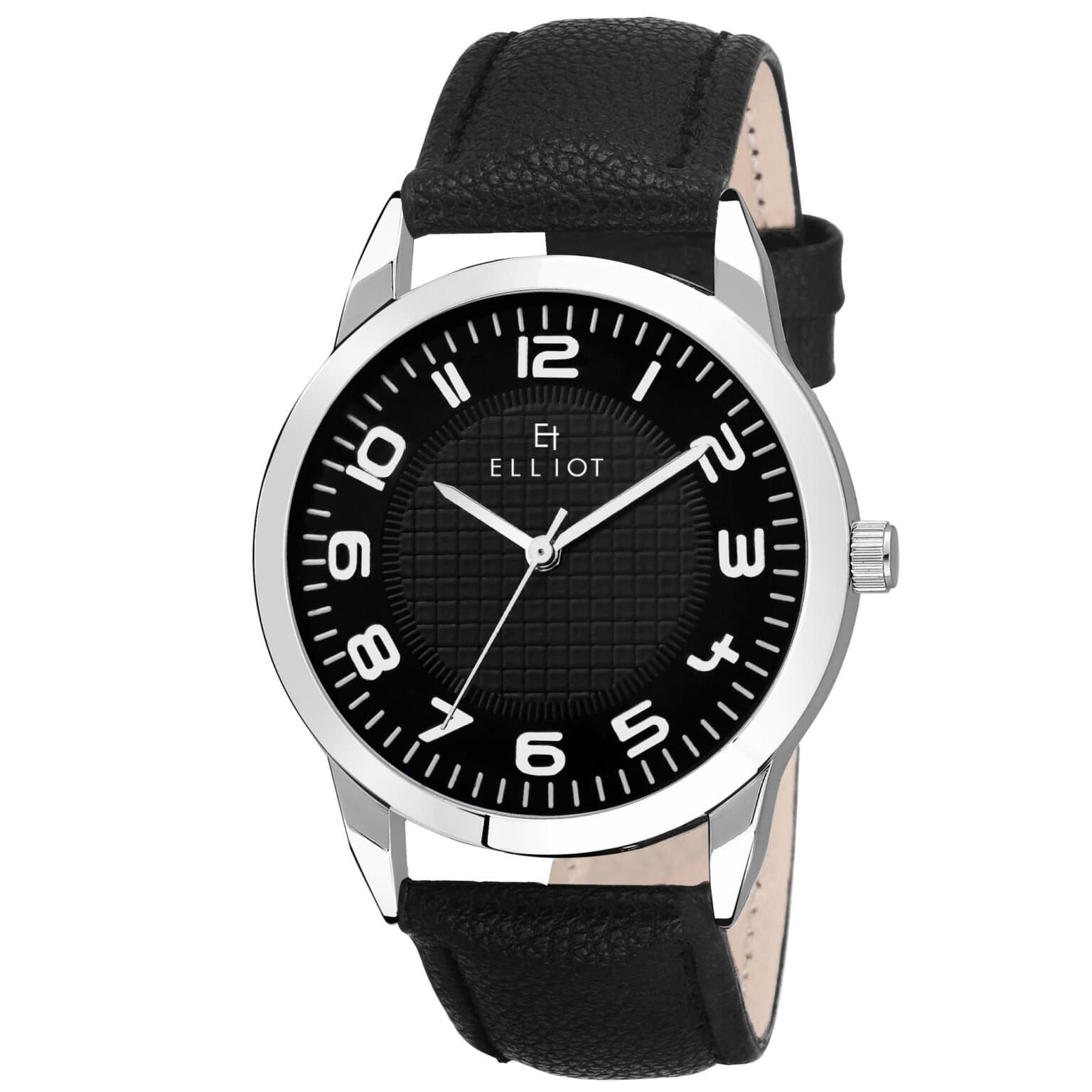 Elliot Men’s Formal Watch Aspire III Series | Black Dial + Silver Case + Black Vegan Leather Strap | Unisex Design | Office, Events, Gifting Use