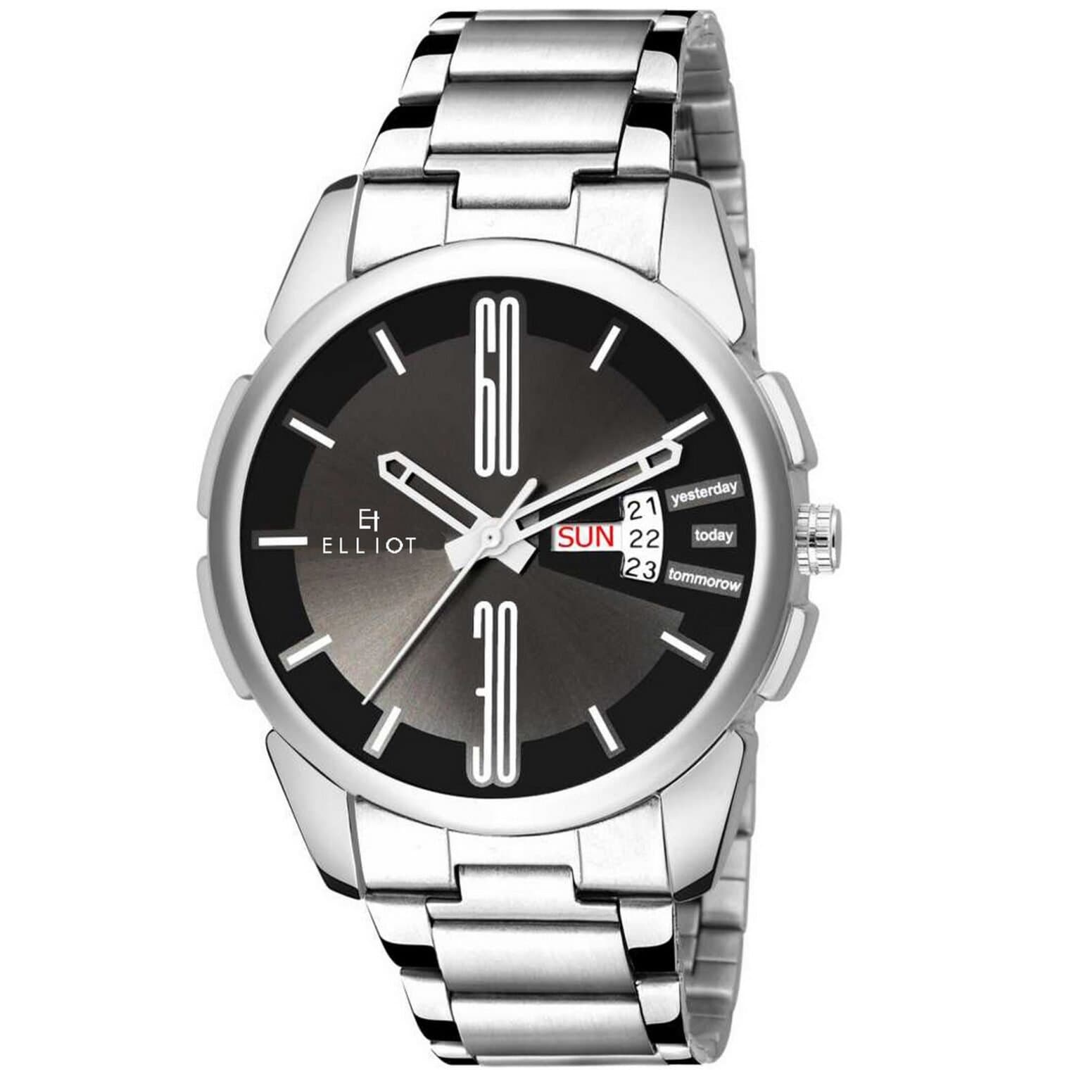 Elliot Aristocrat XII Series Black Dial Men’s Analog Watch with Silver Metal Strap | Day & Date Display | Formal Wristwatch for Men