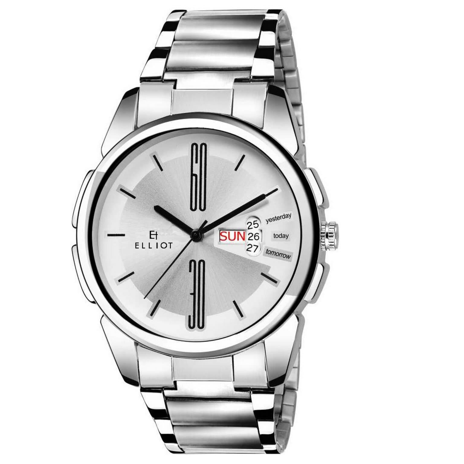 Elliot Aristocrat XII Series Silver Dial Men’s Analog Watch with Silver Metal Strap | Day & Date Display | Formal Wristwatch for Men