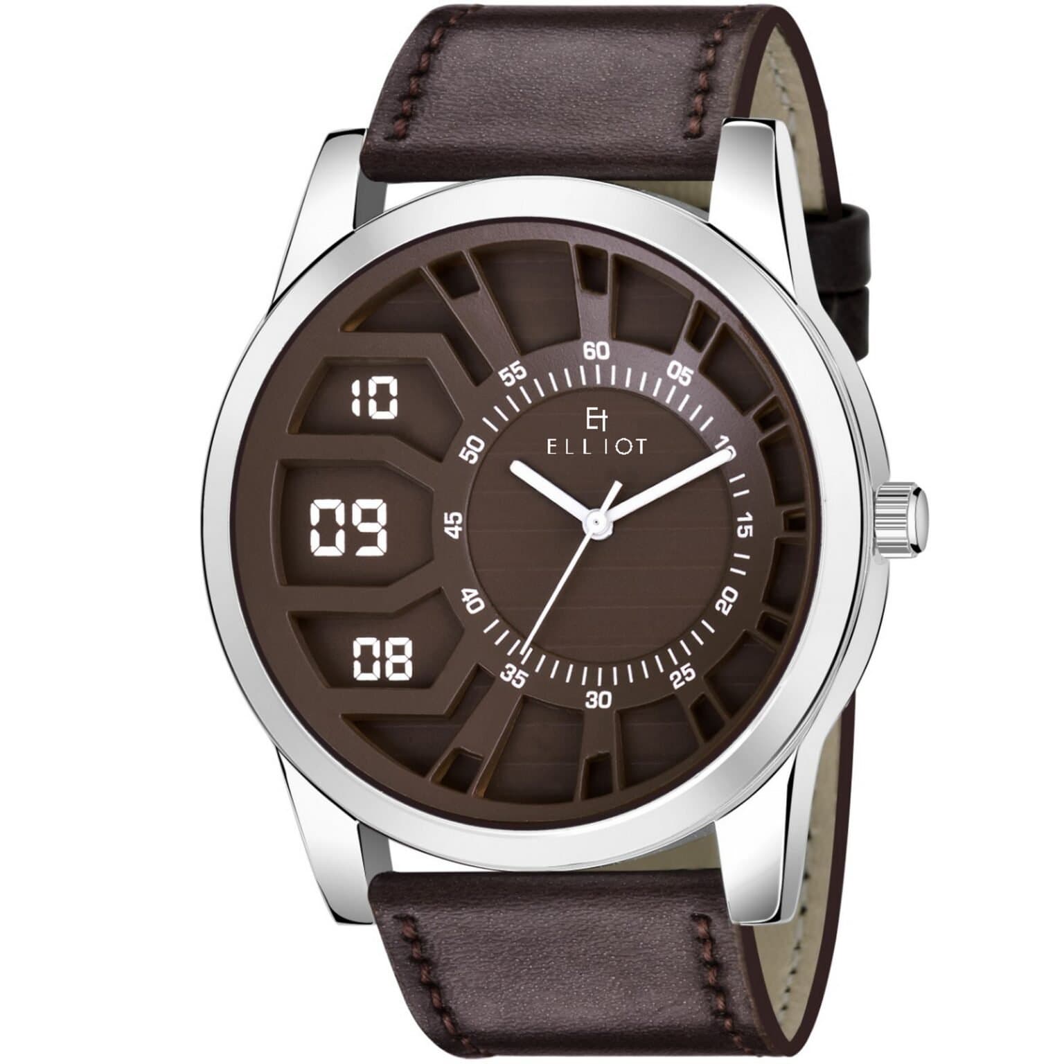 Elliot Dexter X Series Briown Dial Men’s Fashion Analog Watch – Decorative Digital Design, Faux Leather Tan Strap 45mm