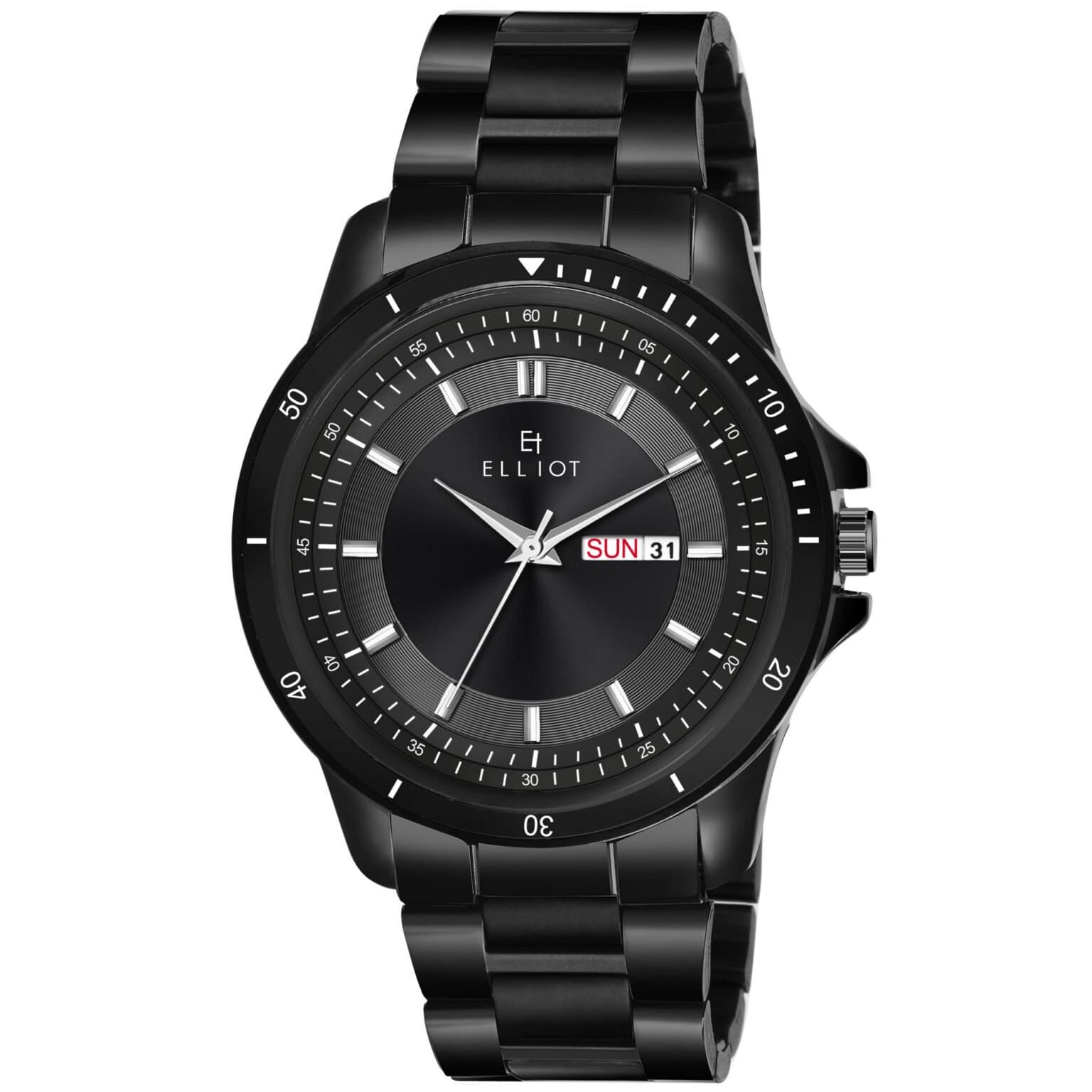 Elliot Elite XVIII Series Men’s Analog Watch Black Dial Black Strap Stainless Steel Strap Formal & Casual Use Day & Date Feature