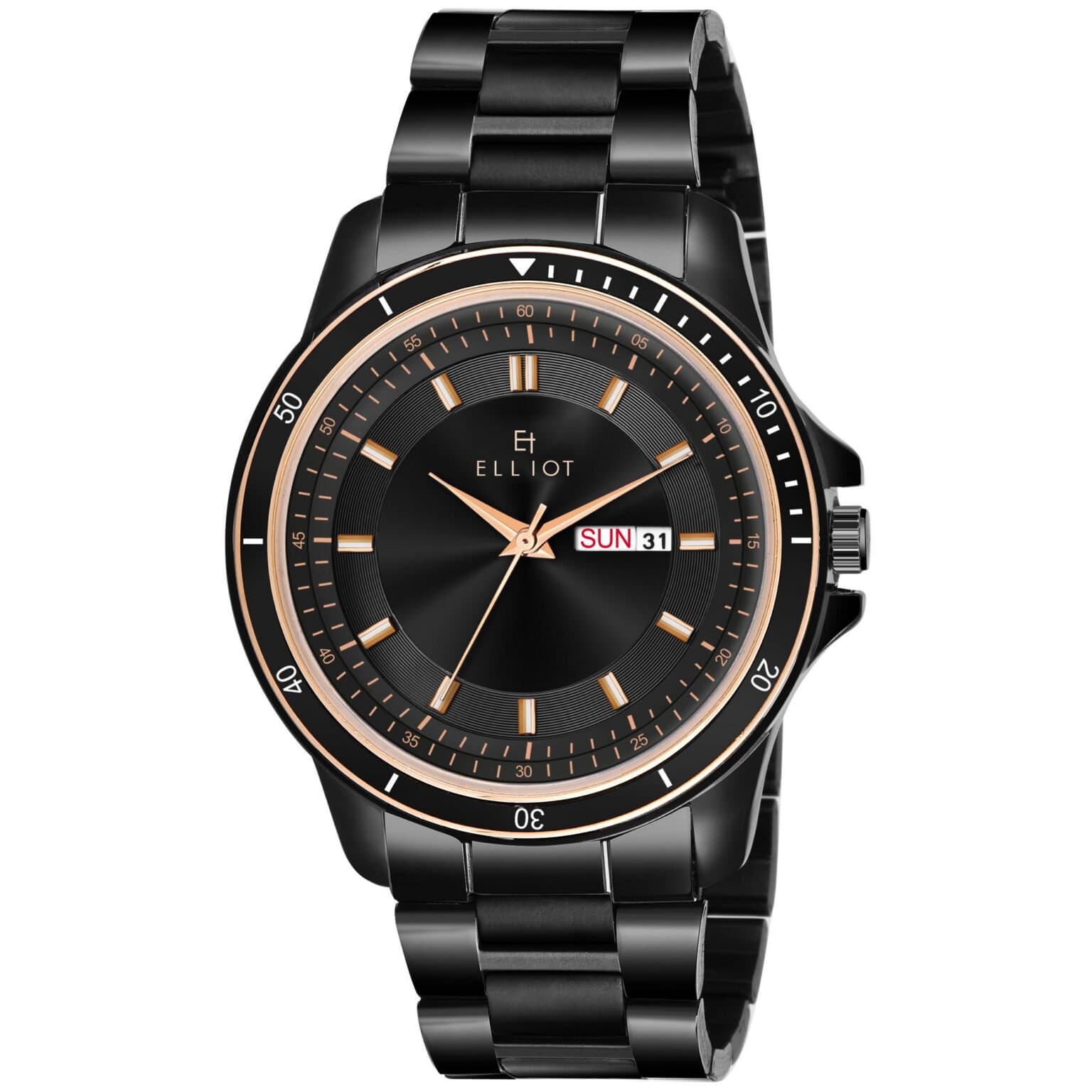 Elliot Elite XVIII Watch for Men | Black Brass Dial + Brass Chain Strap | Day & Date Function | Stylish Formal Wear Watch | 12 Month Warranty