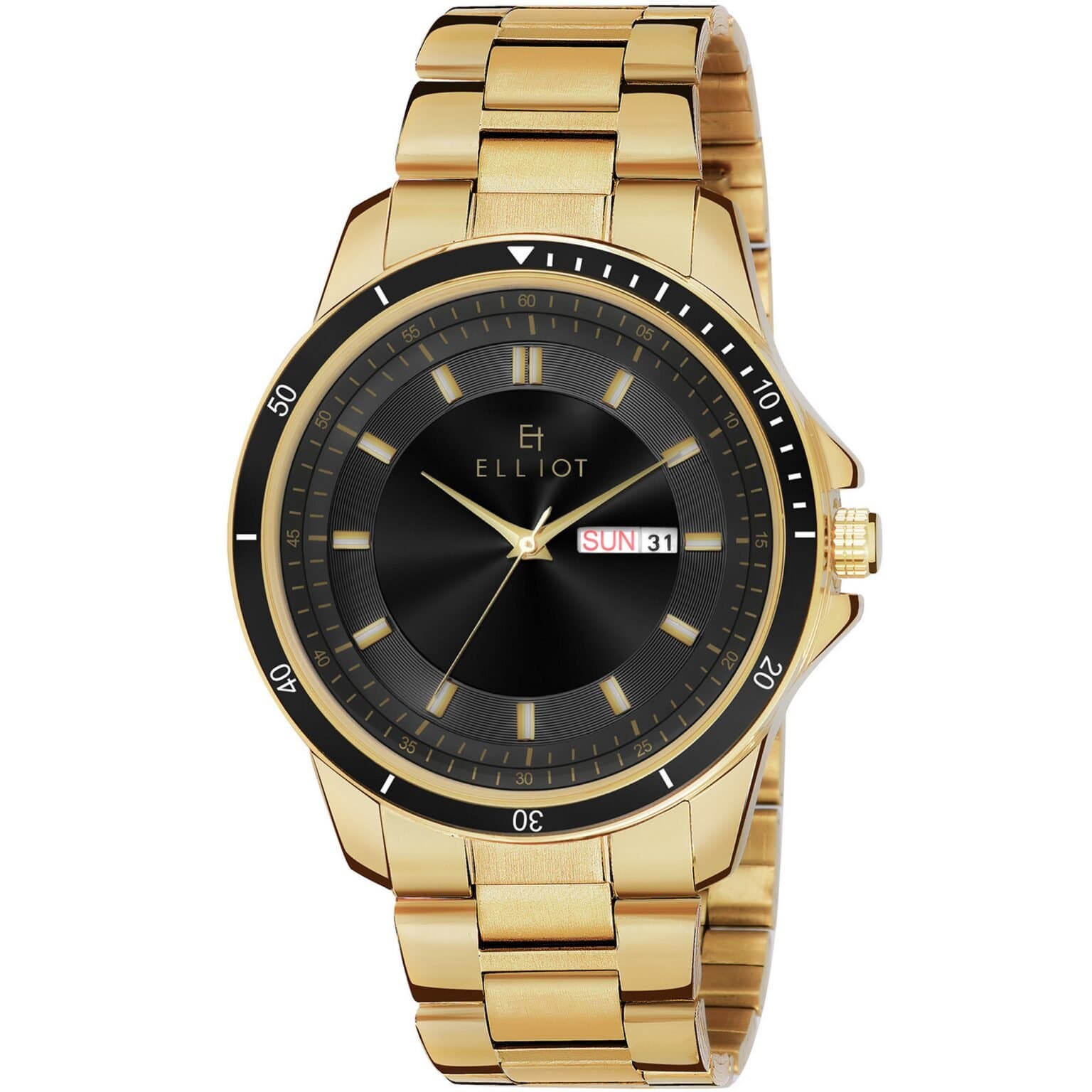 Elliot Elite XVIII Series Brass Black Dial Watch for Men | Golden Brass Strap & Case | Day & Date Display | Formal Analog Timepiece | 12 Month Warranty