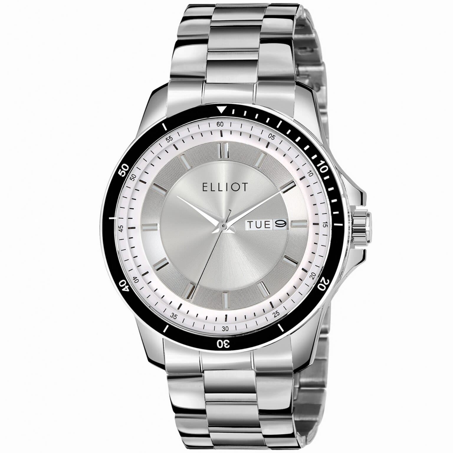 Elliot Elite XVIII Series Men’s Silver Stainless Steel Watch with Silver Dial & Day-Date Display – Classic Analog Quartz Wristwatch