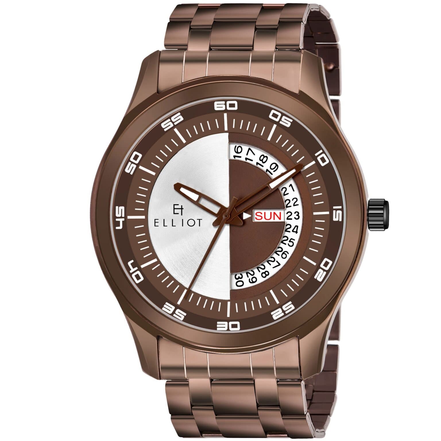 Elliot Elite XX Series Stylish Brown Watch for Men – Split Dial Design with Calendar Function & Metallic Finish