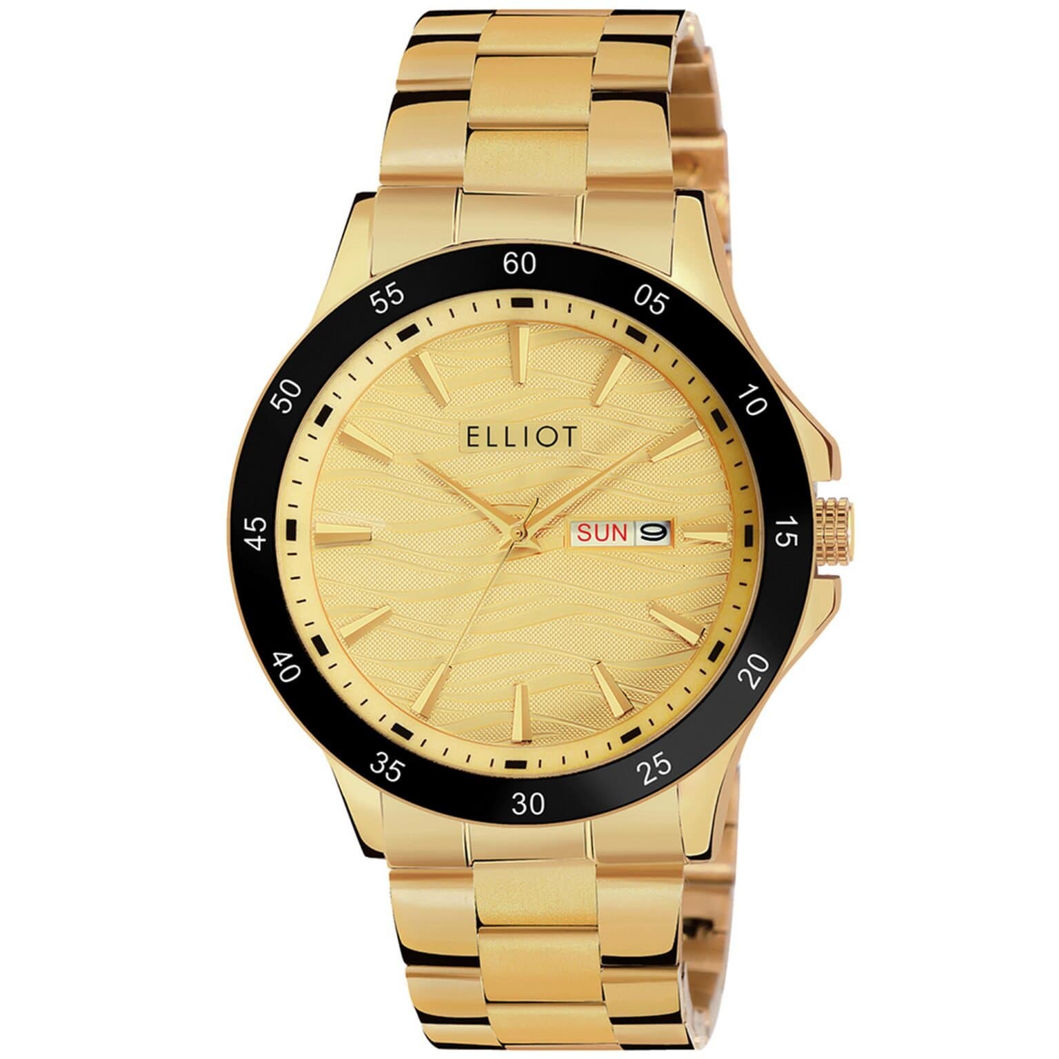 Elliot Men’s Gold Analog Watch with Wave Dial & Day-Date Display – Stylish Gold-Plated Timepiece