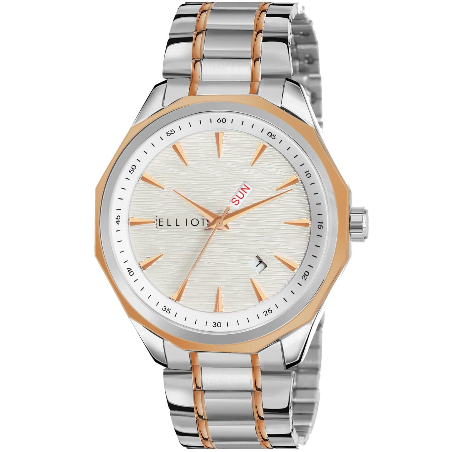 Elliot Men’s Two-Tone Analog Watch with Day Display – White Textured Dial & Rose Gold Bezel