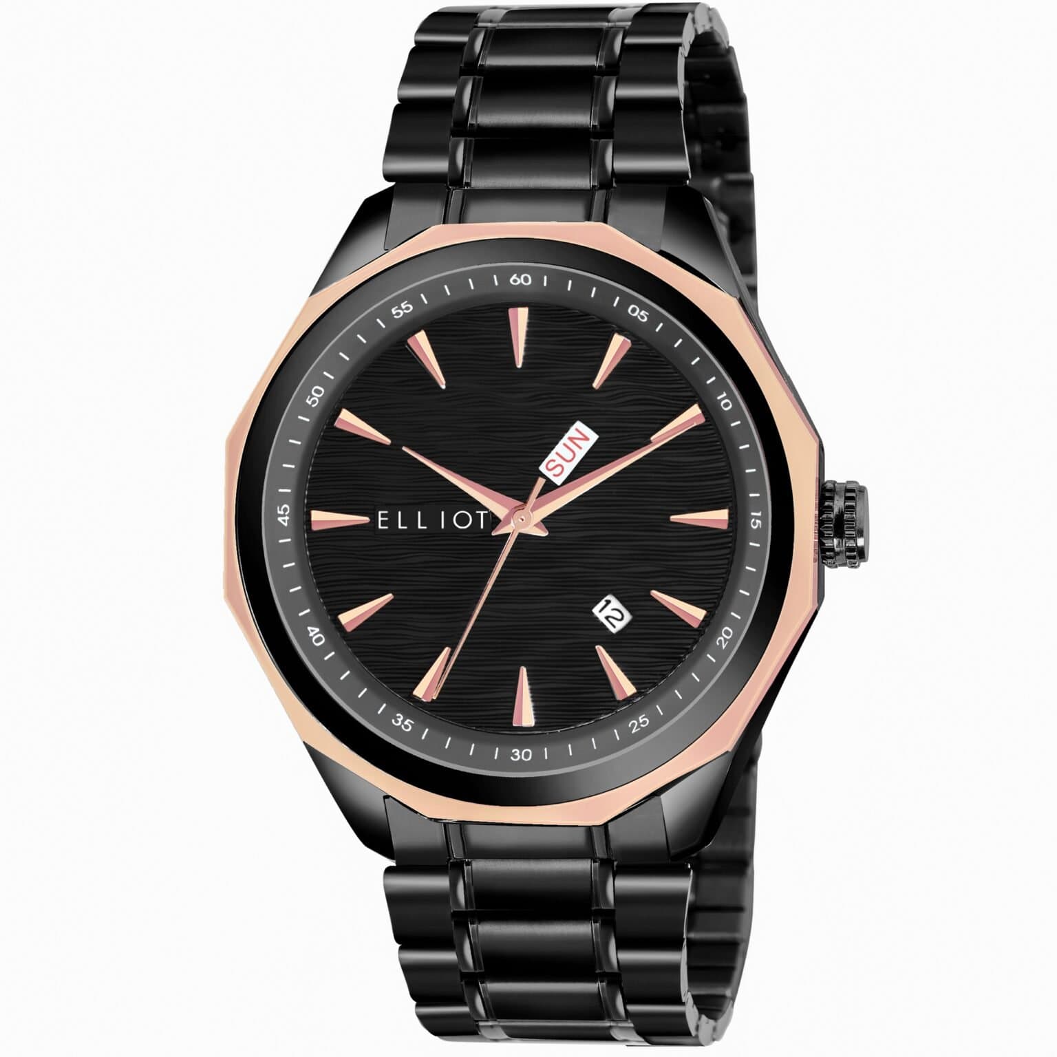 Elliot Elite XXII Series Black Men’s Analog Watch with Rose Gold Bezel – Day & Date Display
