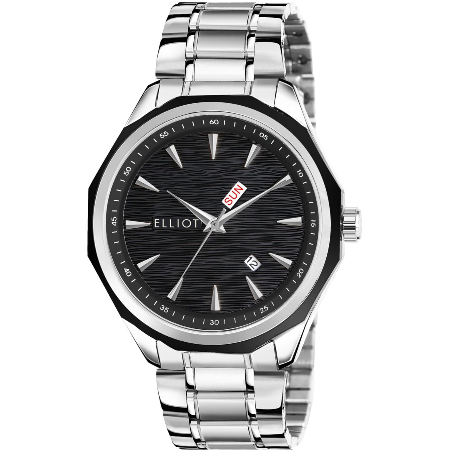 Elliot Elite XXII Series Men’s Silver Chain Watch by Elliot – Sleek Black Dial, Day-Date Function