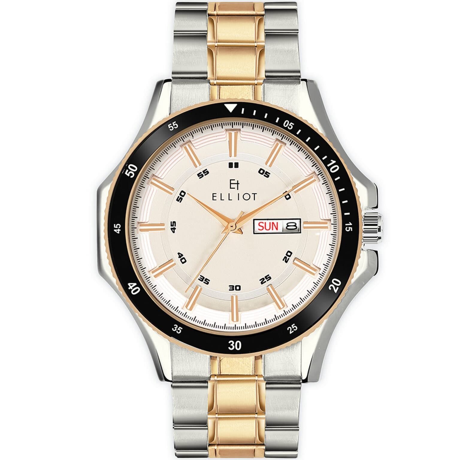 Elliot White Dial Analog Day Date Function Metal Chain Wrist Watch for Men with Gold & Silver Strap – Fashion & Everyday Use – 48mm Case Size, 26mm Strap Size, 34mm Dial Size