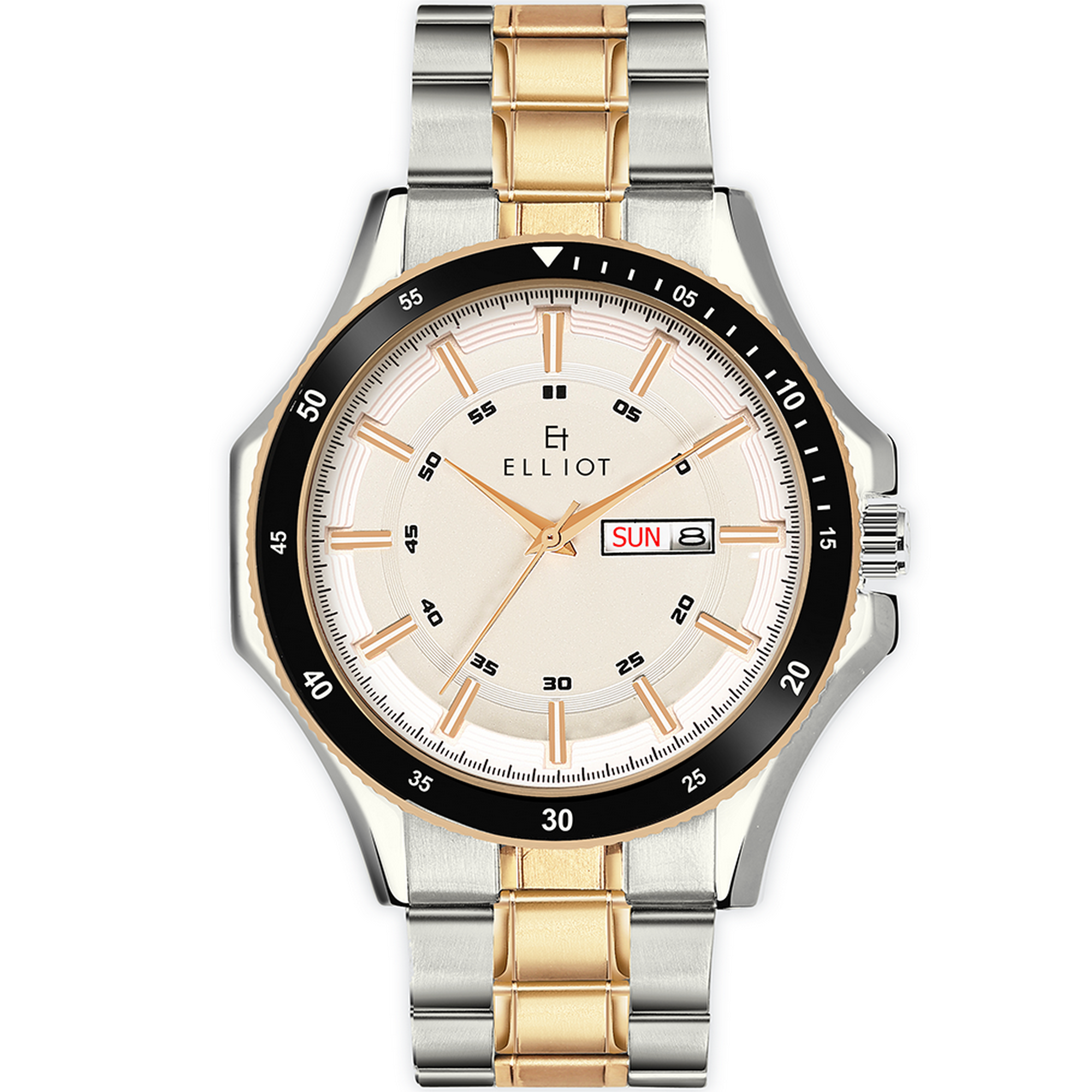 Elliot White Dial Analog Day Date Function Metal Chain Wrist Watch for Men with Gold & Silver Strap – Fashion & Everyday Use – 48mm Case Size, 26mm Strap Size, 34mm Dial Size