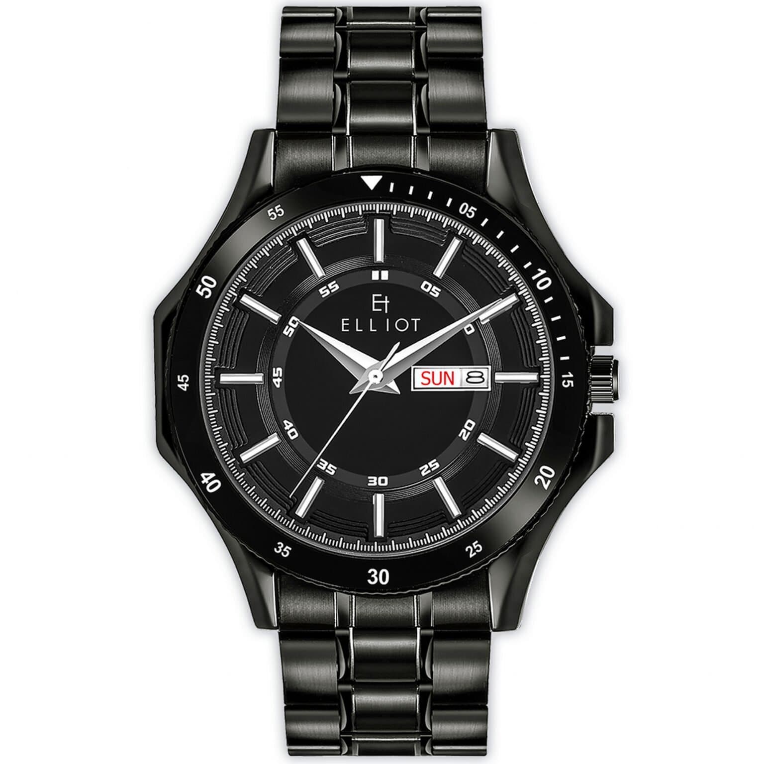 Elliot Black Dial Analog Day Date Function Metal Chain Wrist Watch for Men with Black Strap –Fashion & Everyday Use – 48mm Case Size, 26mm Strap Size, 34mm Dial Size