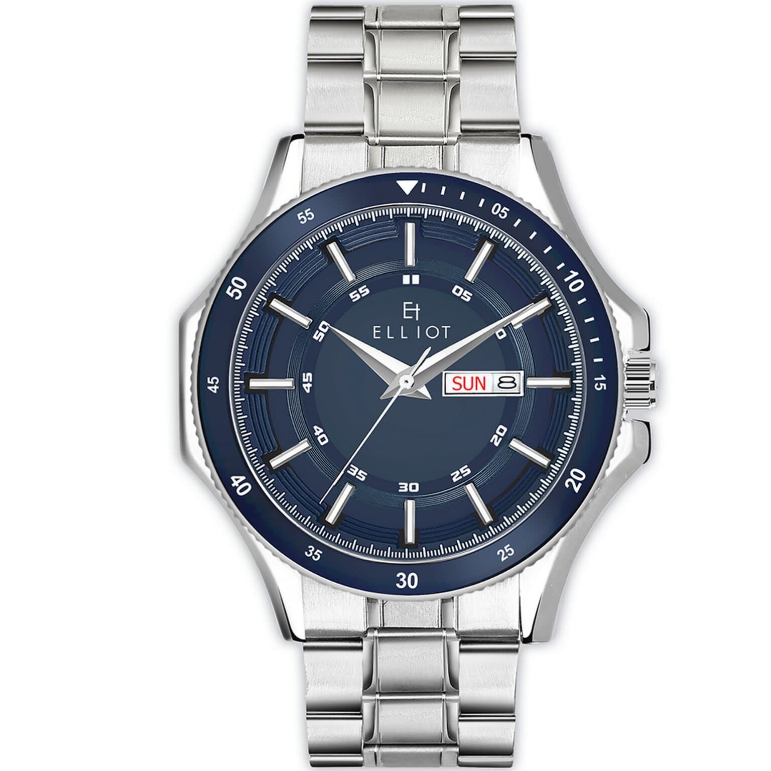 Elliot Blue Dial Analog Day Date Function Metal Chain Wrist Watch for Men with Silver Strap – Fashion & Everyday Use – 48mm Case Size, 26mm Strap Size, 34mm Dial Size