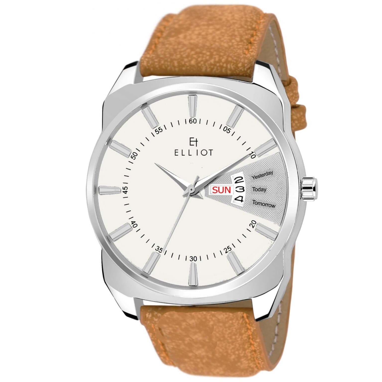 Elliot INC Series White Dial, Tan Strap Faux Leather Watch for Men | Day & Date Display | Silver Case | Buckle Closure | 12 Months Warranty