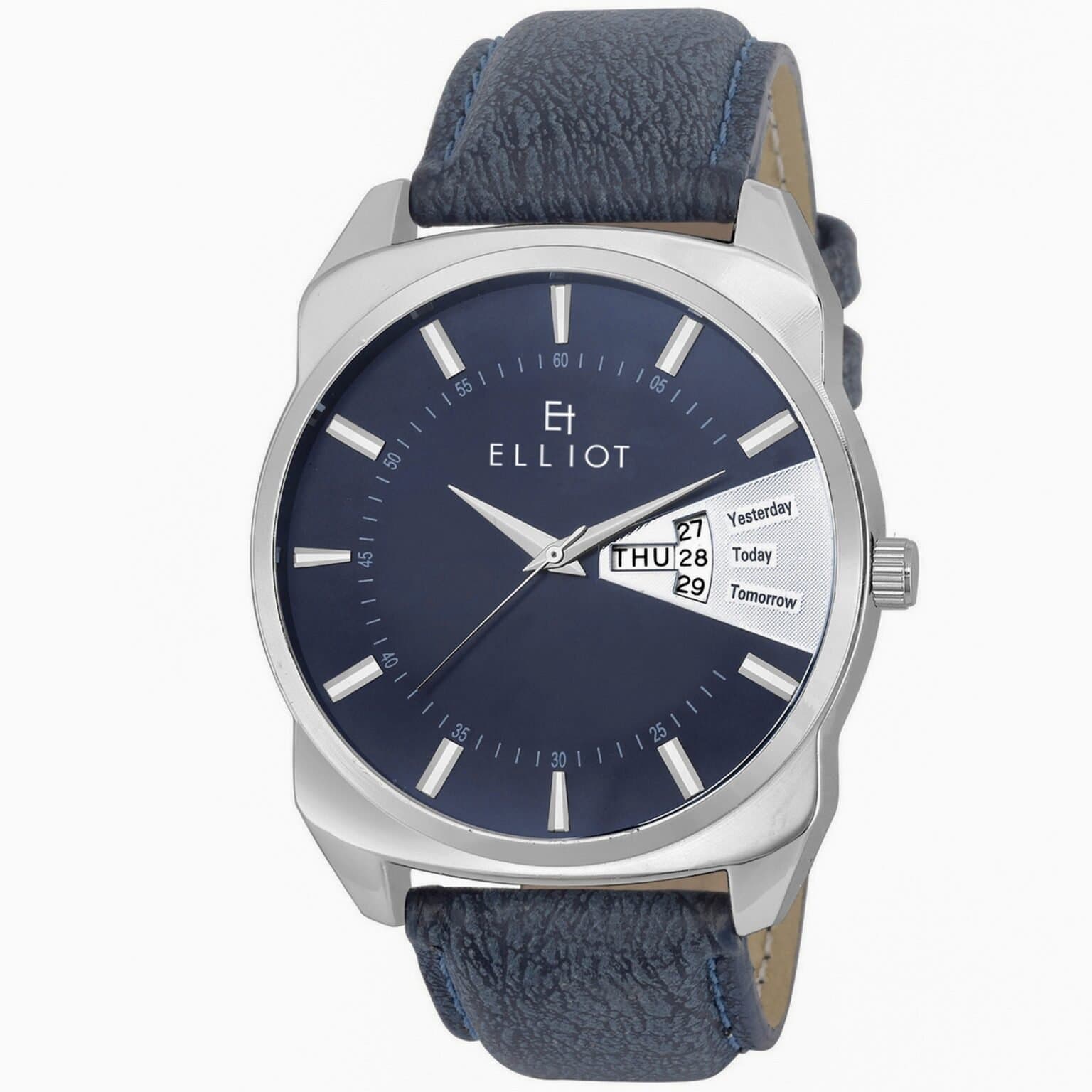 Elliot INC Series Blue Dial, Blue Strap Faux Leather Watch for Men | Day & Date Display | Silver Case | Buckle Closure | 12 Months Warranty