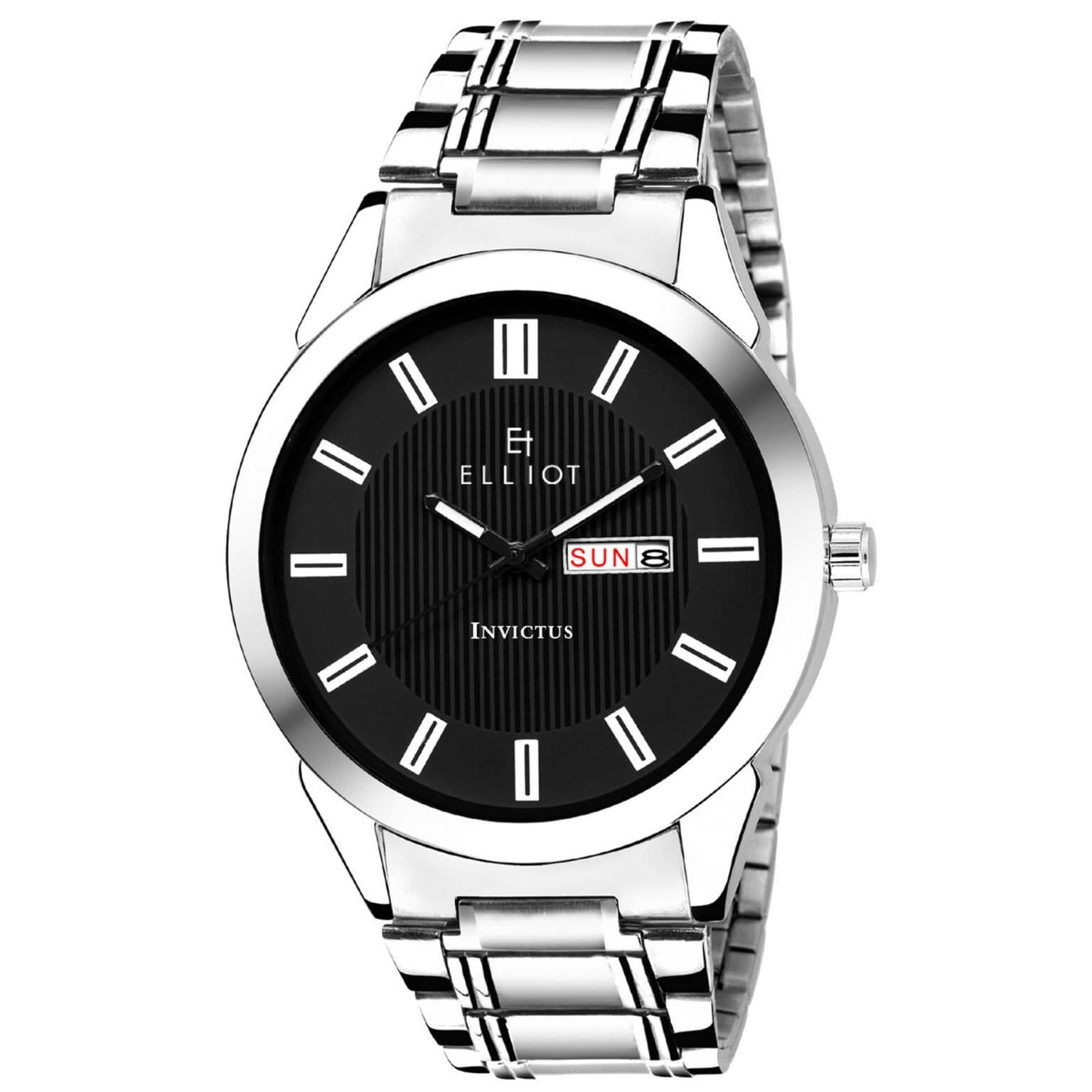 Elliot Invictus III Stylish Analog Watch for Men | Bold Black Dial | Day-Date Display | Silver Chain Strap