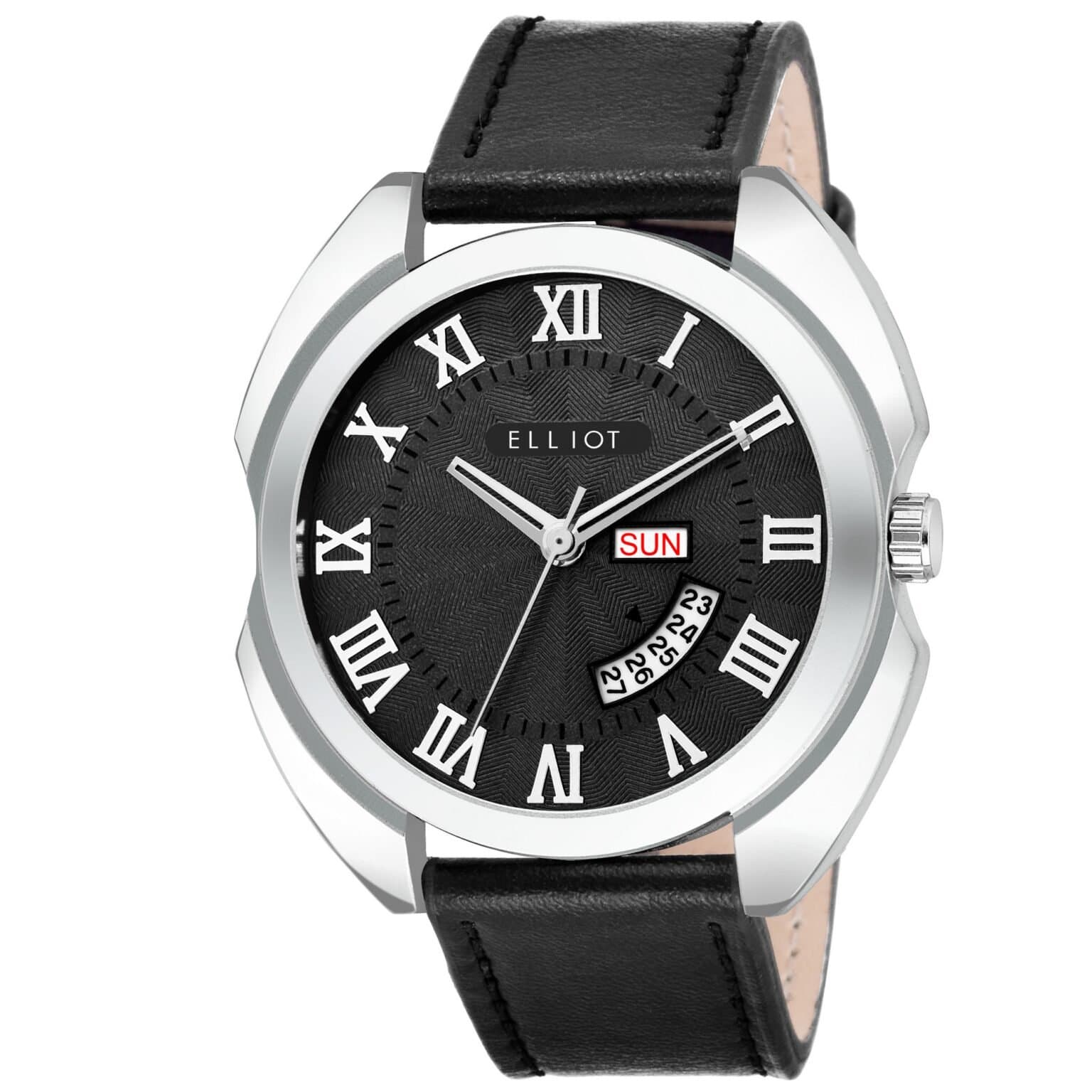 Elliot Black Dial Watch for Men – Invictus XIV Series | Faux Leather Strap in Black | Day-Date Display | Silver Case | Buckle Lock | 12 Months Warranty