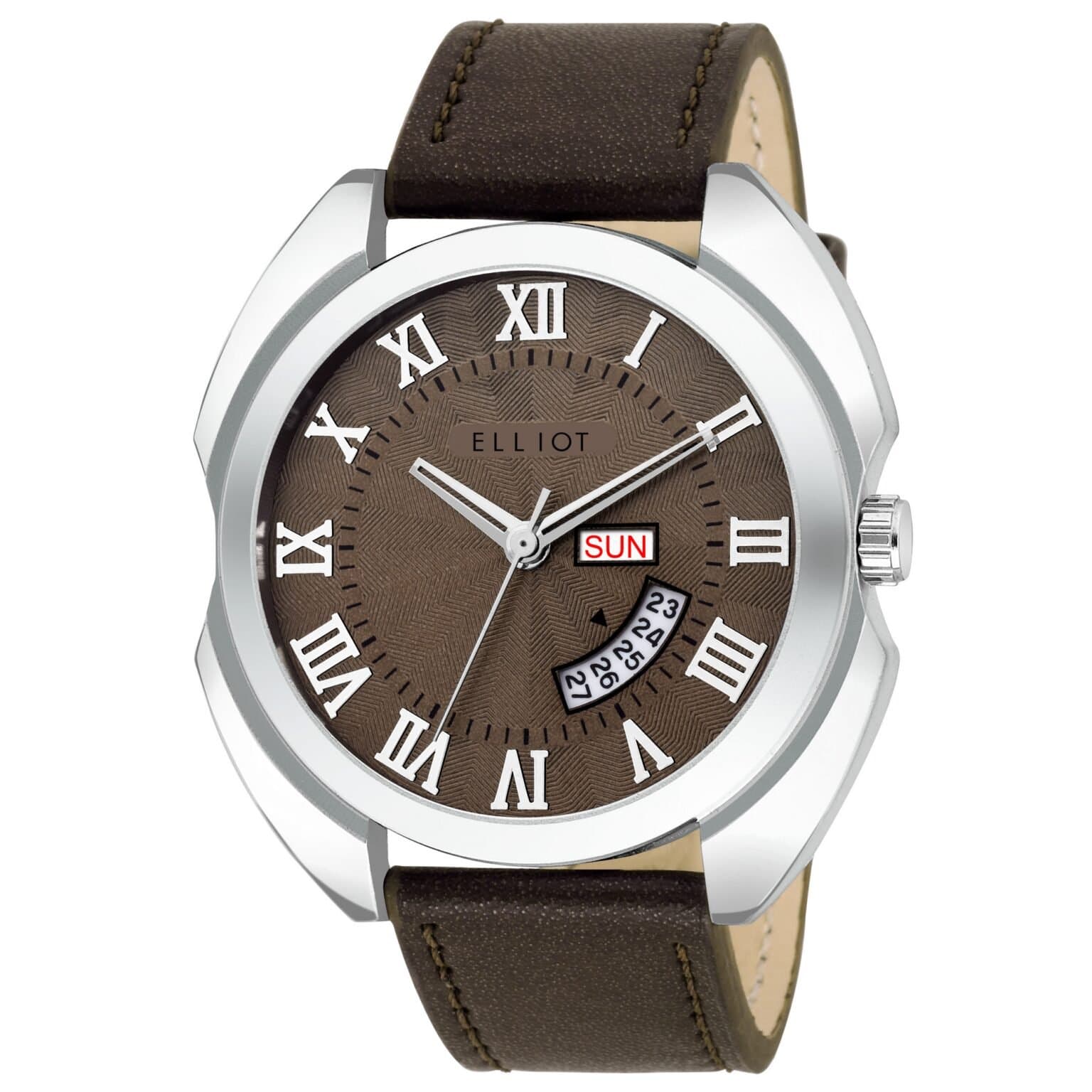 Elliot Brown Dial Watch for Men – Invictus XIV Series | Faux Leather Strap in Brown | Day-Date Display | Silver Case | Buckle Lock | 12 Months Warranty