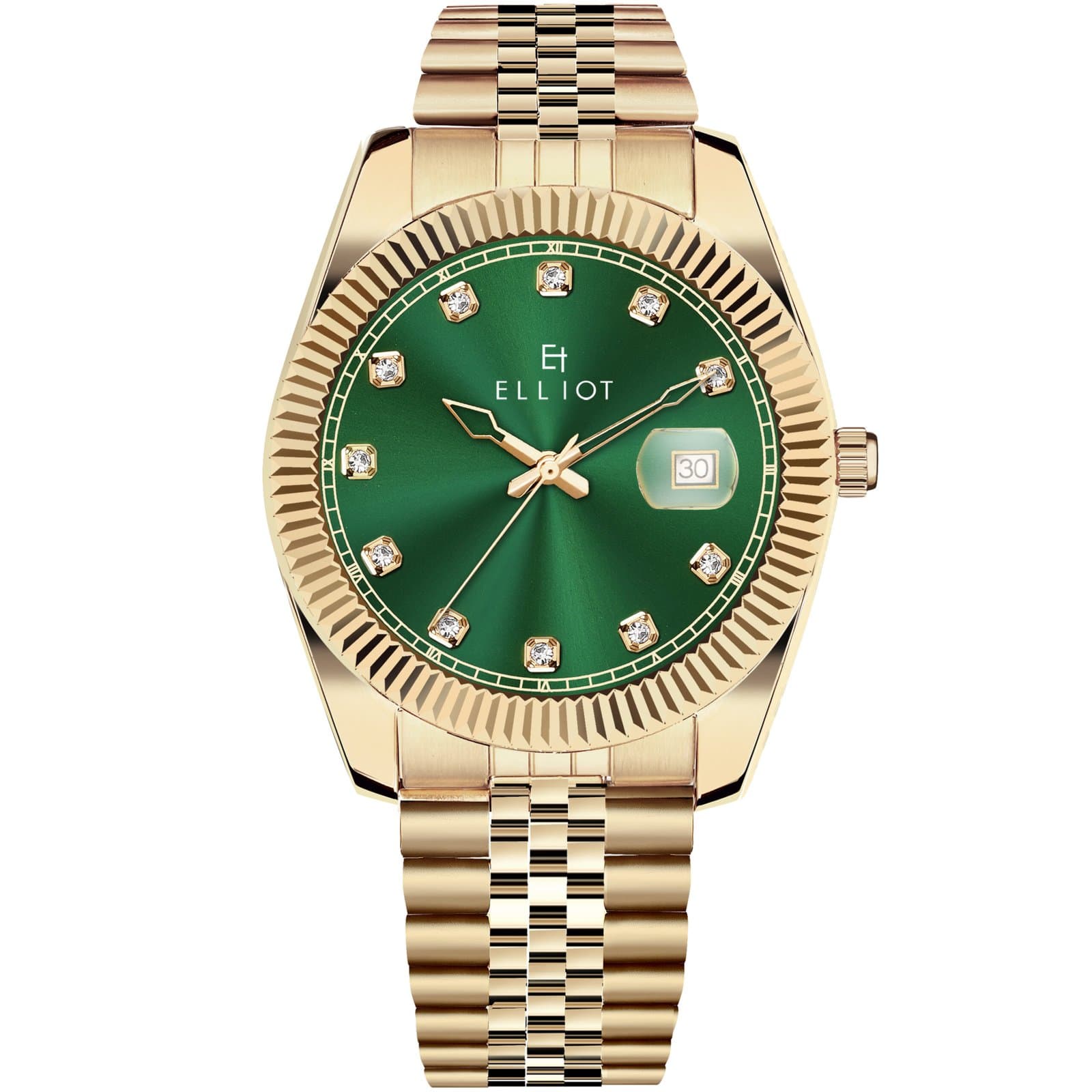 Elliot Majestic Series Green Dial Gold Strap Brass Watch for Men | Date Display | Luxury Style | 35.5mm Case Size