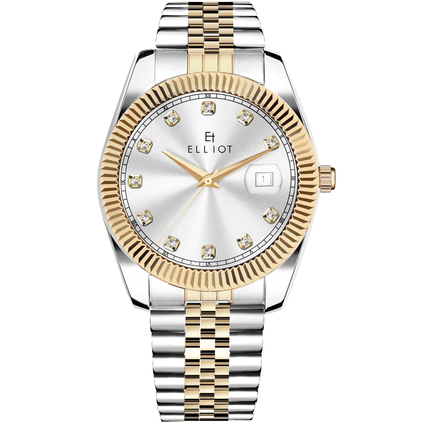 Elliot Majestic Series Silver Dial Two-Tone Strap Brass Watch for Men | Formal Wear | Date Display | 35.5mm Dial Size